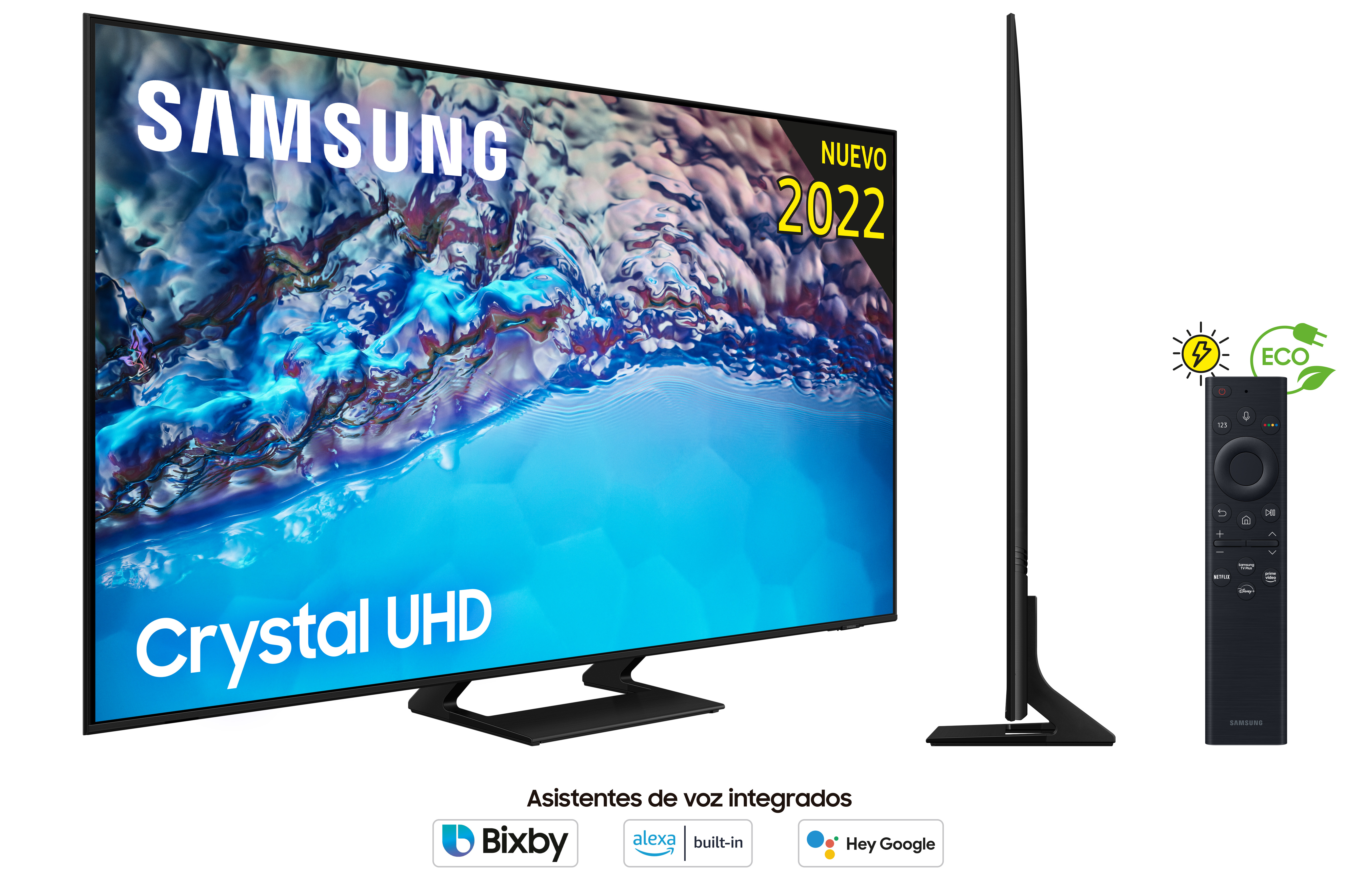 Televisor Samsung Crystal UHD con mando a distancia y opciones de asistente de voz debajo.