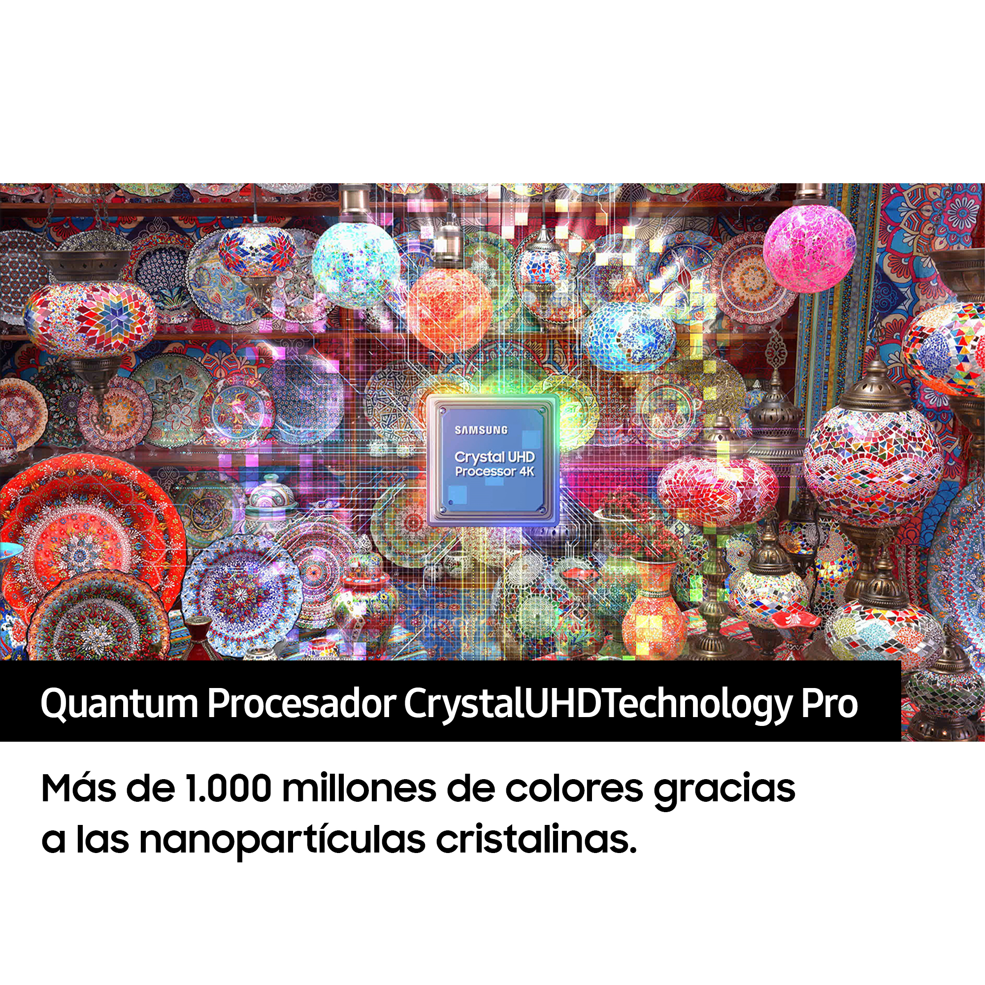 Pantalla colorida con platos, lámparas y un dispositivo electrónico etiquetado 'Crystal UHD Pro' con texto en español.