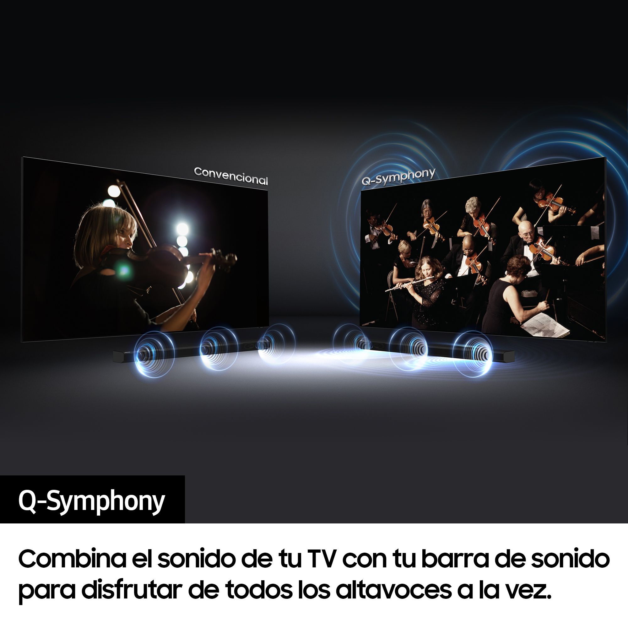 Dos televisores muestran un violinista y una orquesta. Ambos tienen ondas sonoras.