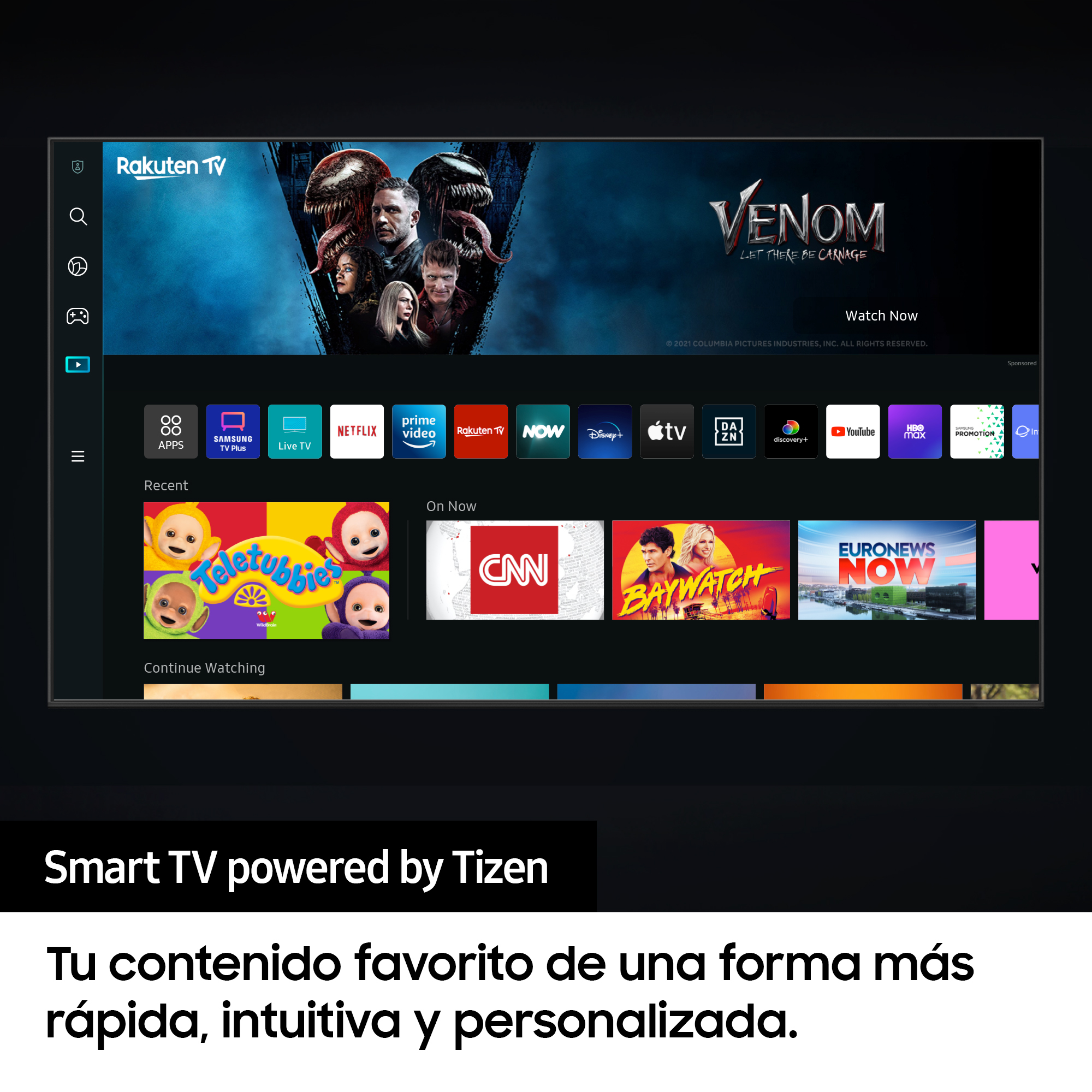Pantalla de Smart TV mostrando la interfaz de Rakuten TV con varias apps de streaming.