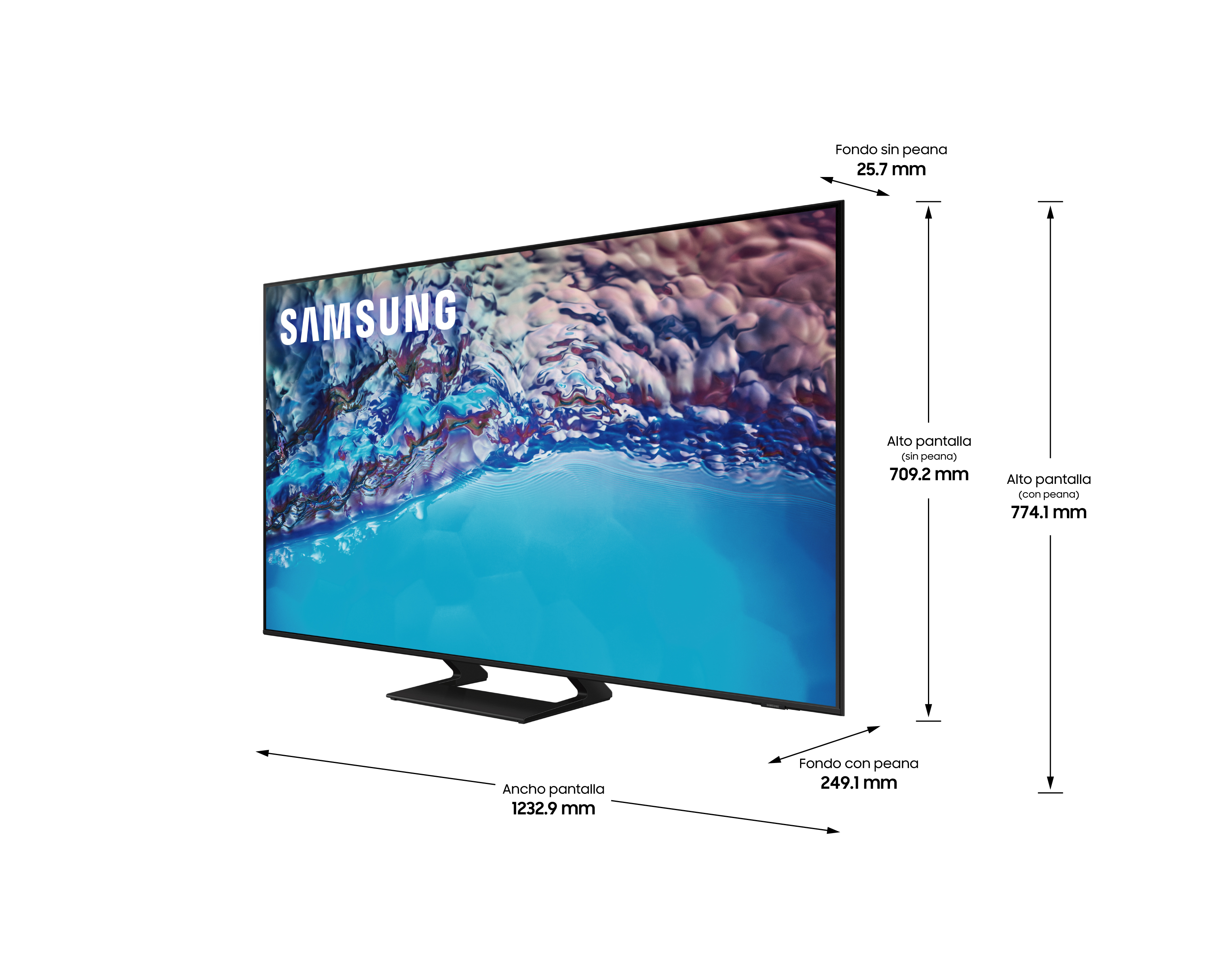 Un televisor Samsung con dimensiones y un soporte negro. Texto: SAMSUNG. El televisor está encendido y muestra una pantalla colorida.
