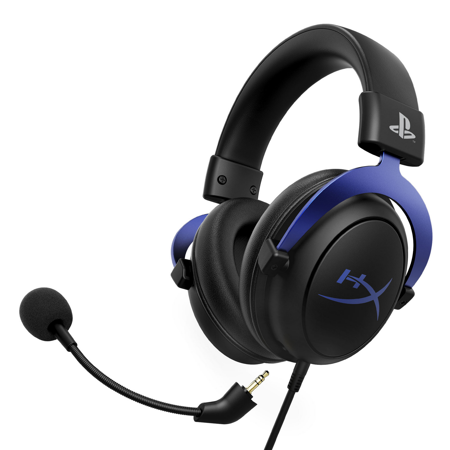 Auriculares para juegos negros y azules con un micrófono adjunto. Tiene un logotipo en la copa del oído.