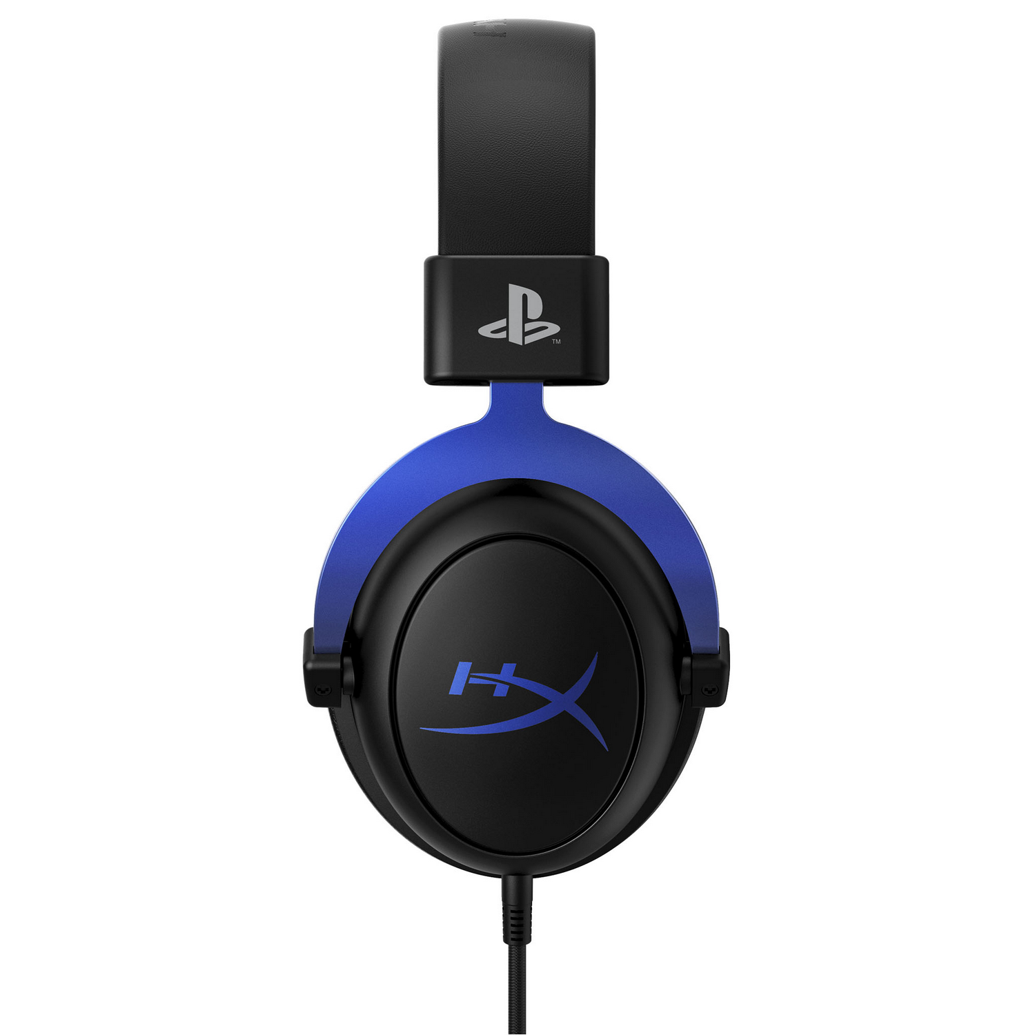 Auriculares azules y negros con el logotipo de HyperX y el símbolo de PlayStation. Cable negro hacia abajo.