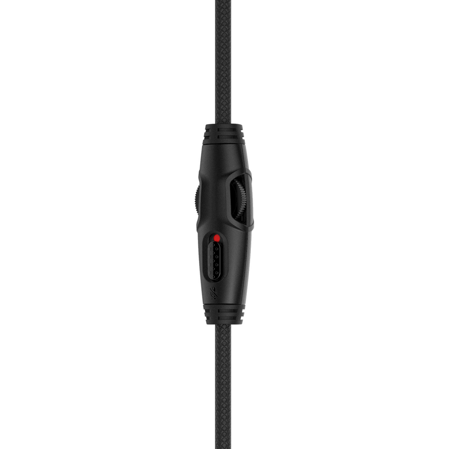 Cable negro con un módulo de control. Tiene un dial y una luz indicadora roja.