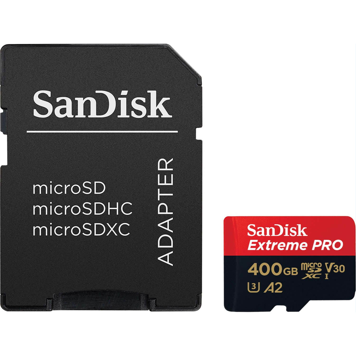 Una tarjeta de memoria y un adaptador SanDisk. La tarjeta es negra y roja y el adaptador es negro.