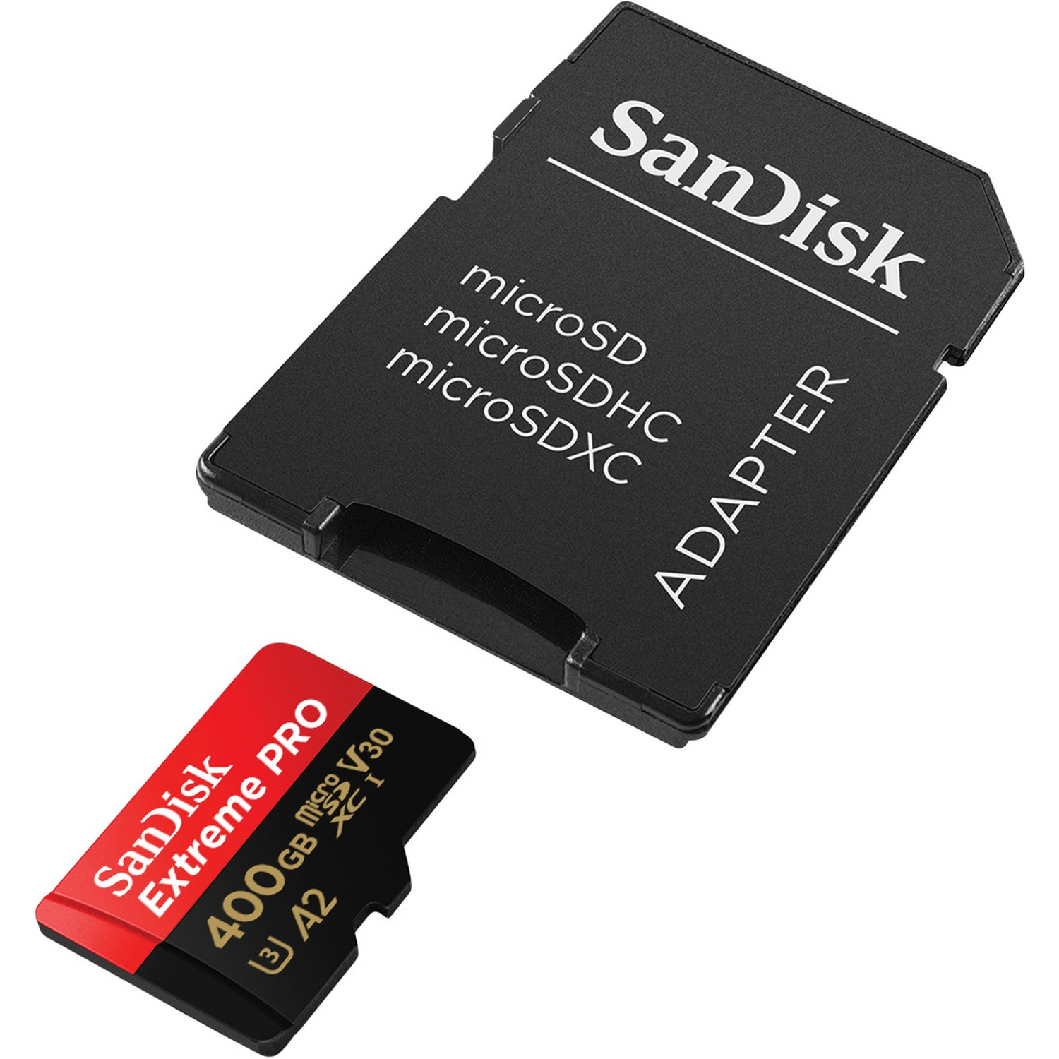 Tarjeta microSD SanDisk y adaptador, colores negro y rojo.