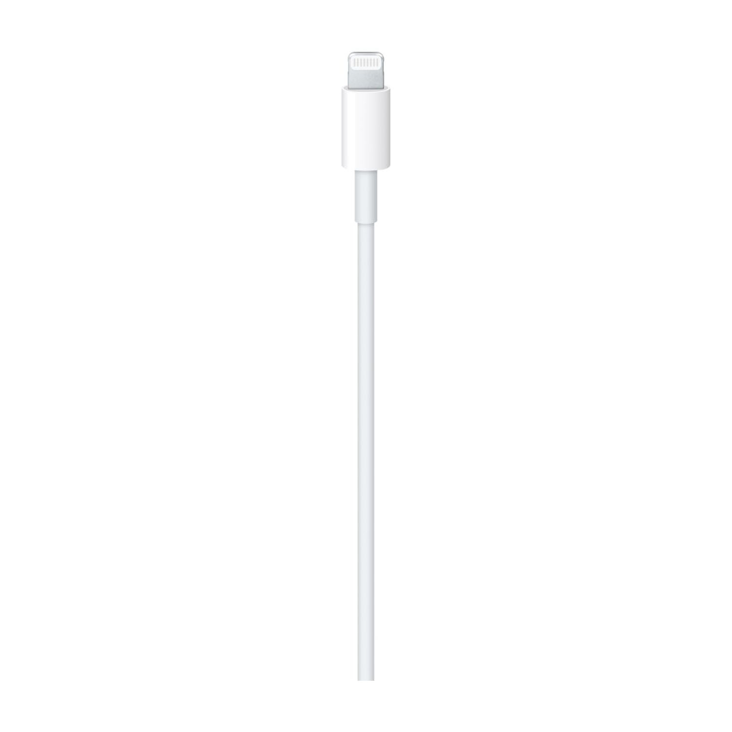 Cavo con connettore Lightning bianco su sfondo bianco.