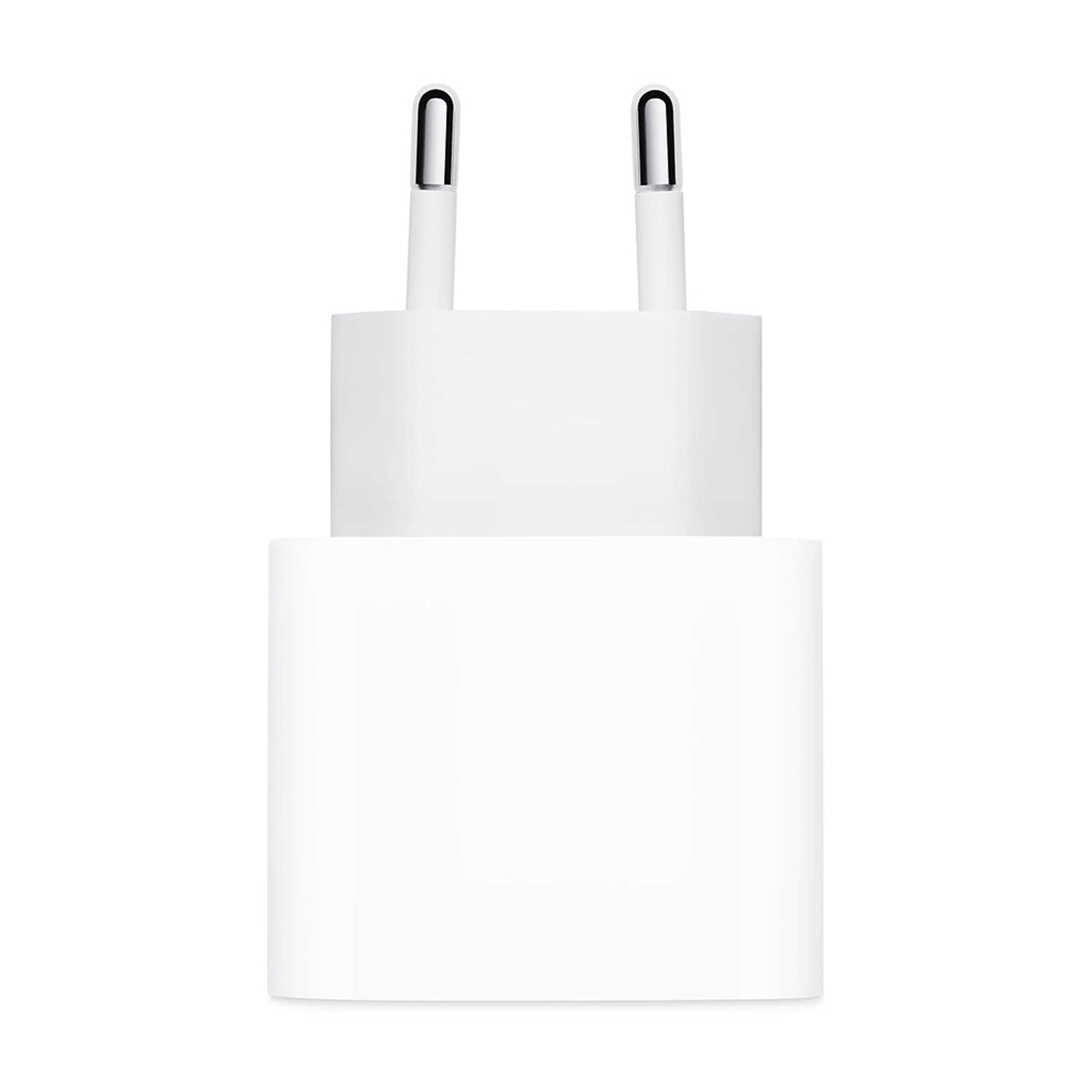 Adattatore di alimentazione Apple bianco con due spine. Su sfondo bianco.