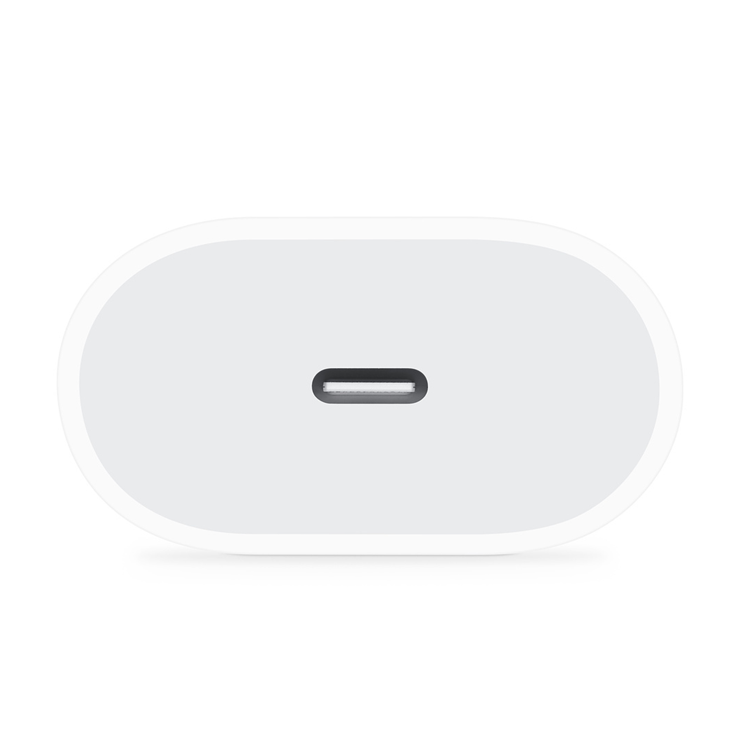 Adattatore di alimentazione Apple bianco con porta USB-C. Su sfondo bianco.