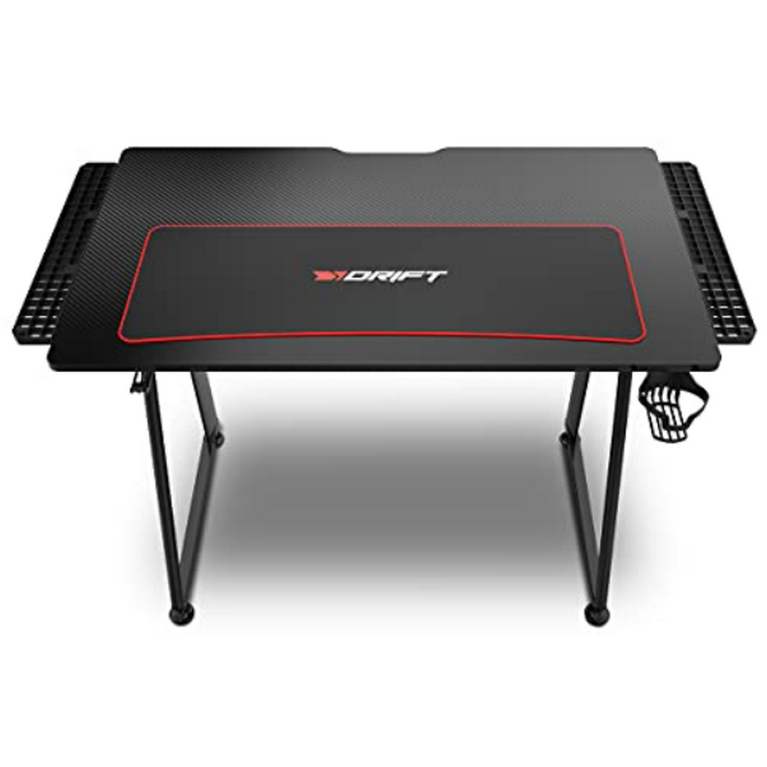 Escritorio gaming negro con borde rojo y alfombrilla negra, con portavasos visible.