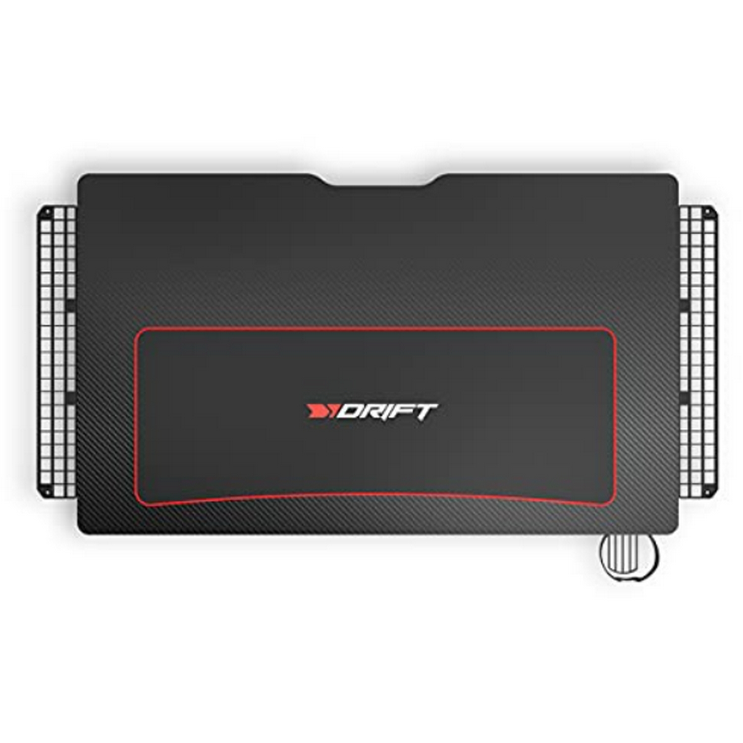 Escritorio DRIFT negro y rojo. Tiene una alfombrilla de ratón.