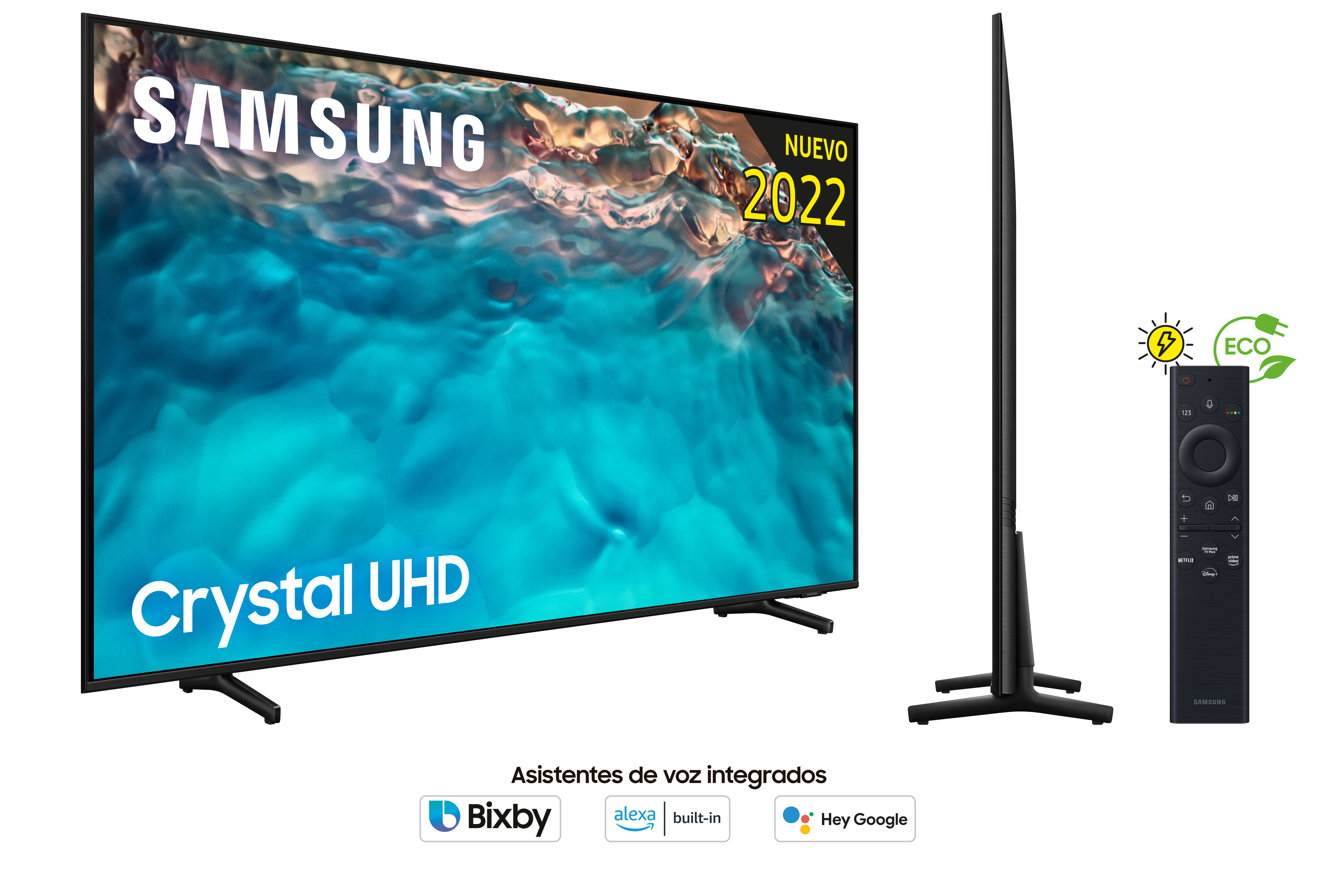 Un TV Samsung Crystal UHD con mando a distancia y detalles ecológicos. Incluye asistentes de voz.