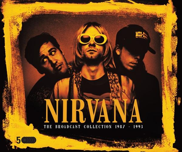 Albumhoes van Nirvana, bandleden voor een gele achtergrond, met tekst erover.