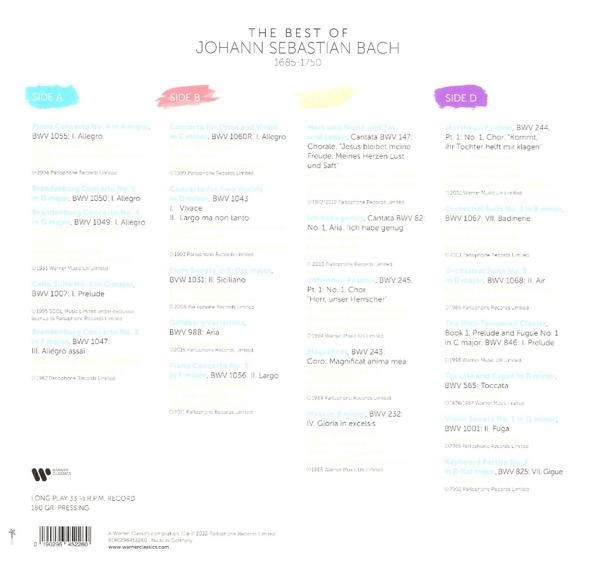Johann Sebastian Bach album borítójának hátulja. Szöveg és zenei jegyzetek. Különböző színek.