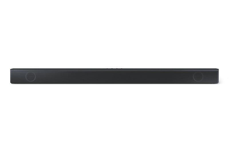 Schwarze Soundbar mit zwei Lautsprecherbereichen.