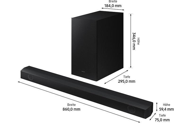 Schwarze Samsung Soundbar mit Subwoofer. Abmessungen und Maße sind beschriftet.