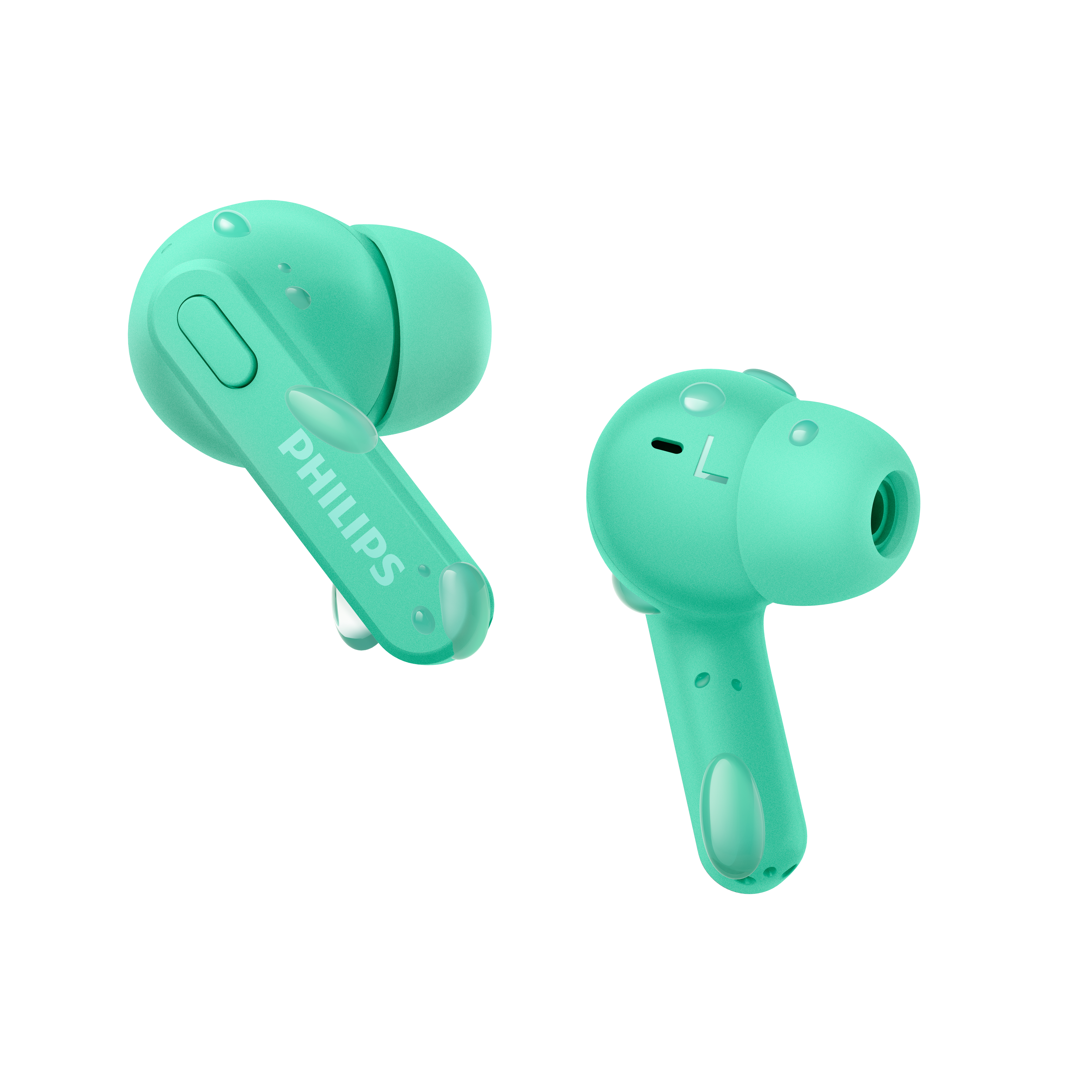 Beyaz arka planda iki nane yeşili Philips kulaklık.