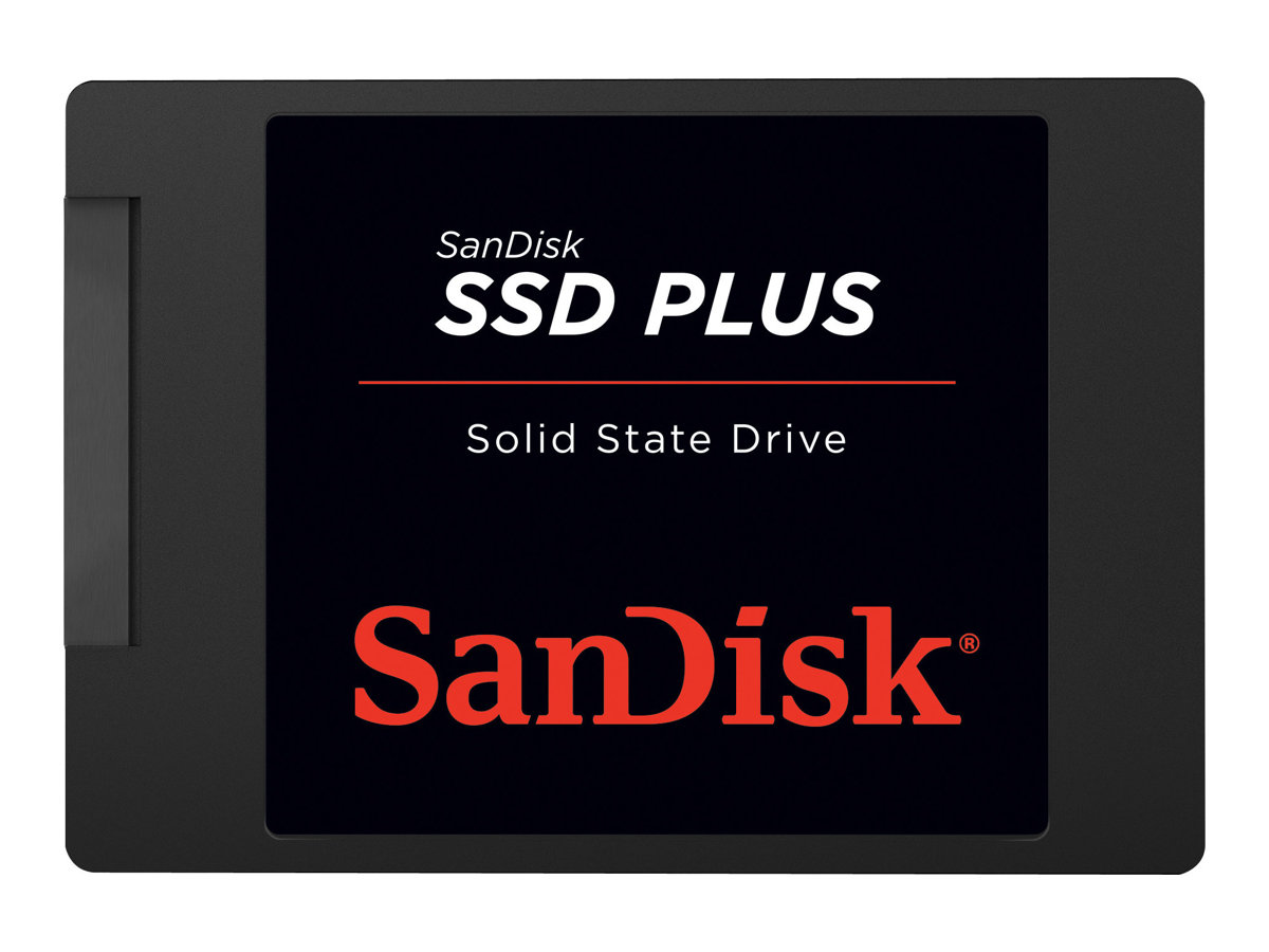 Eine schwarze SanDisk SSD PLUS, eine Solid-State-Festplatte mit dem SanDisk-Logo auf schwarzem Hintergrund.