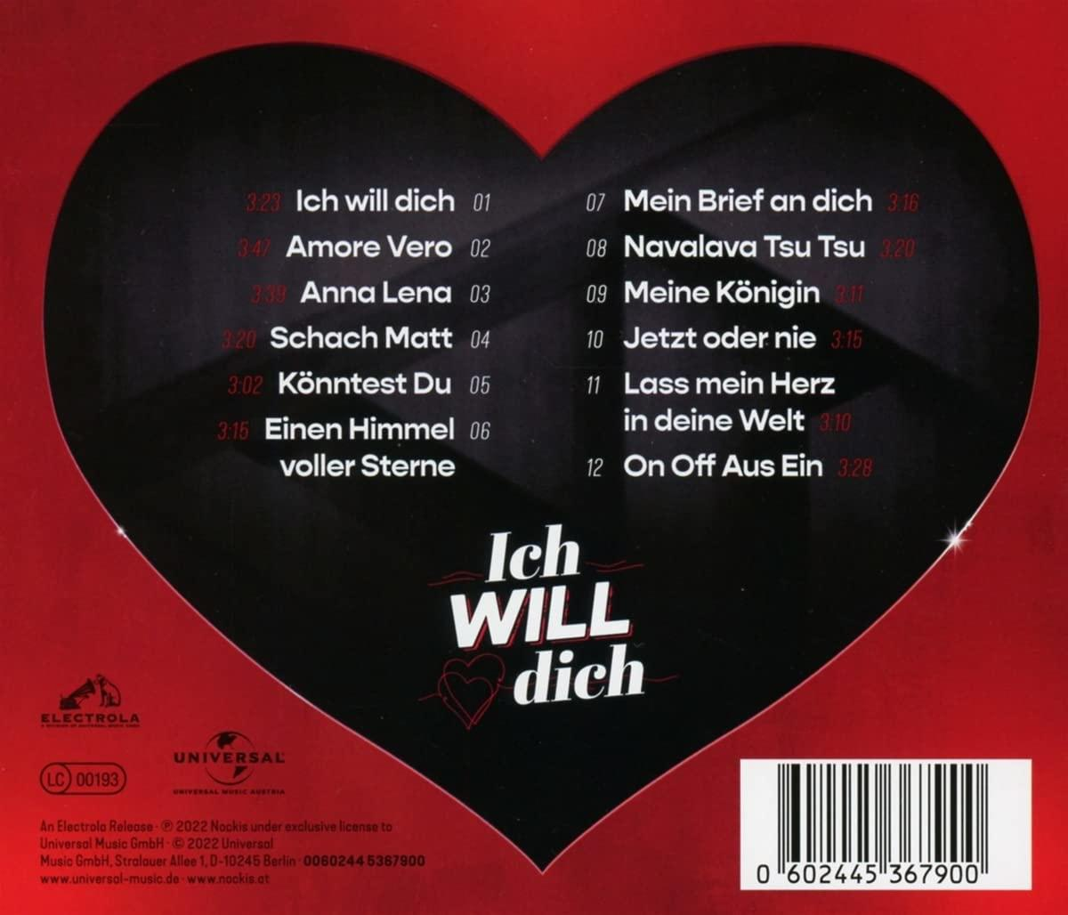 Die Rückseite einer CD-Hülle mit Songtiteln und einem roten Herzdesign.