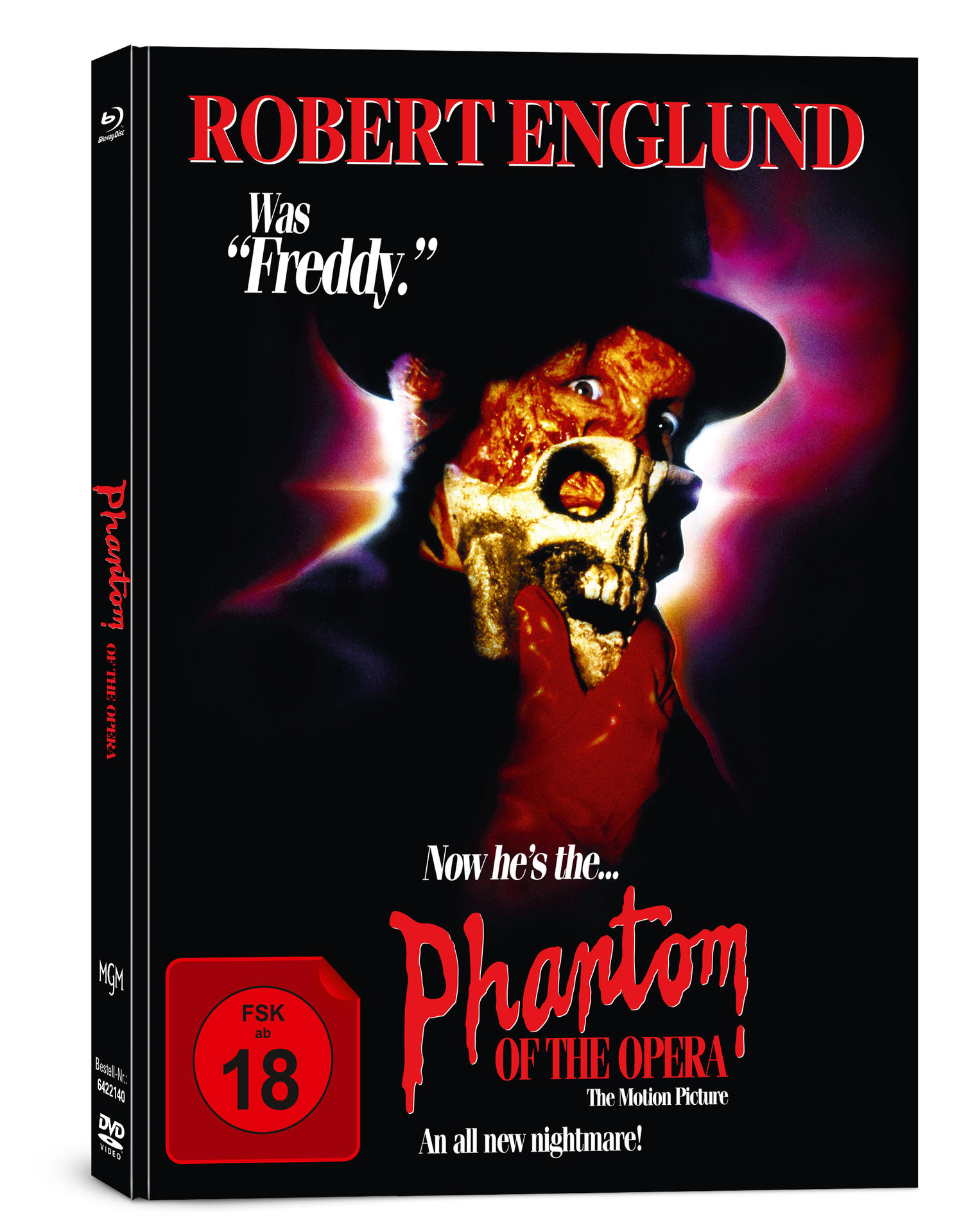 DVD-Cover von "Phantom of the Opera". Robert Englund als Freddy. Dunkles Thema, rote Akzente.