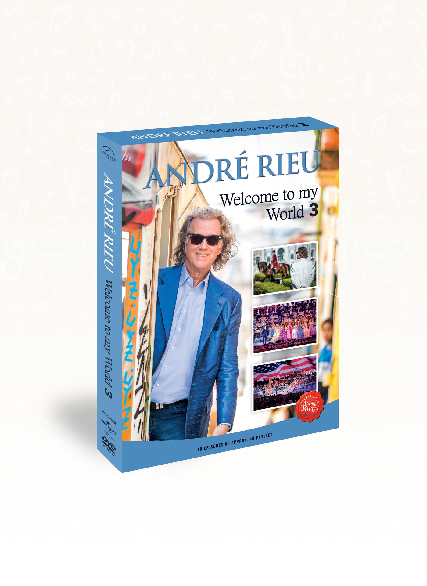 DVD-Hülle mit André Rieu auf dem Cover. Titel: Welcome to my World 3. Enthält Bilder von Menschen und Aufführungen.