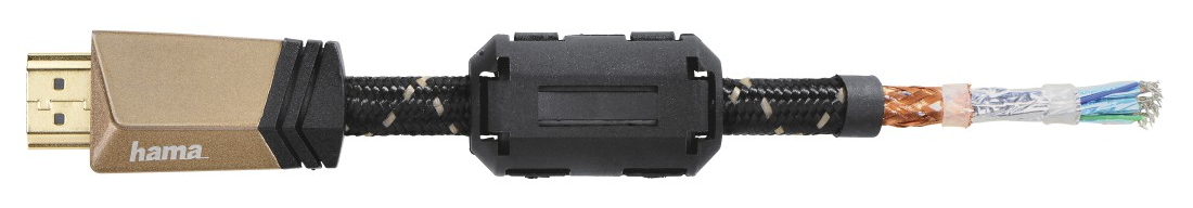 HDMI kábel fekete és arany csatlakozóval és fekete kábellel. A kábel részben el van vágva.
