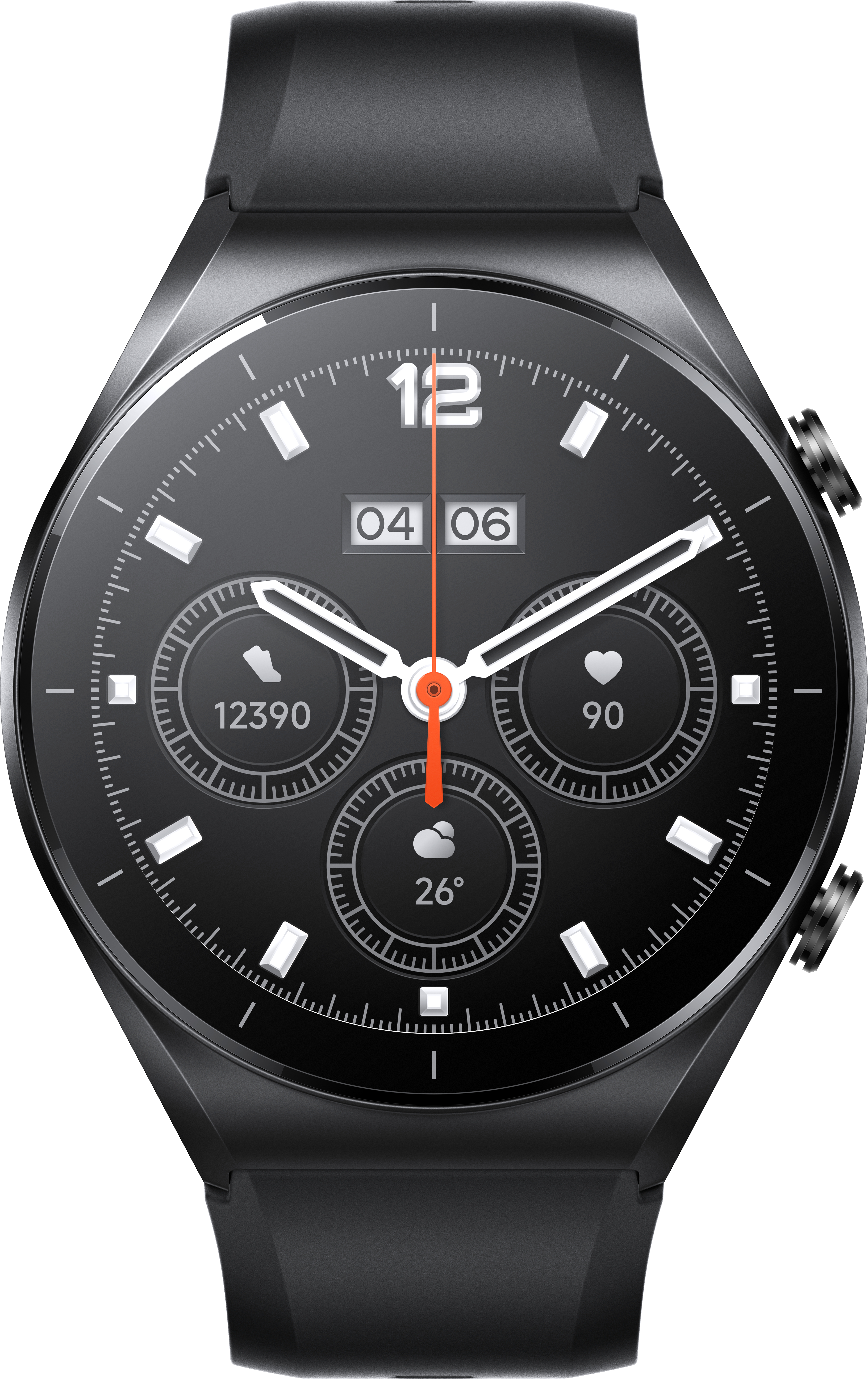 Eine schwarze Smartwatch mit schwarzem Armband. Das Zifferblatt zeigt Zeit, Datum und Gesundheitsmetriken.