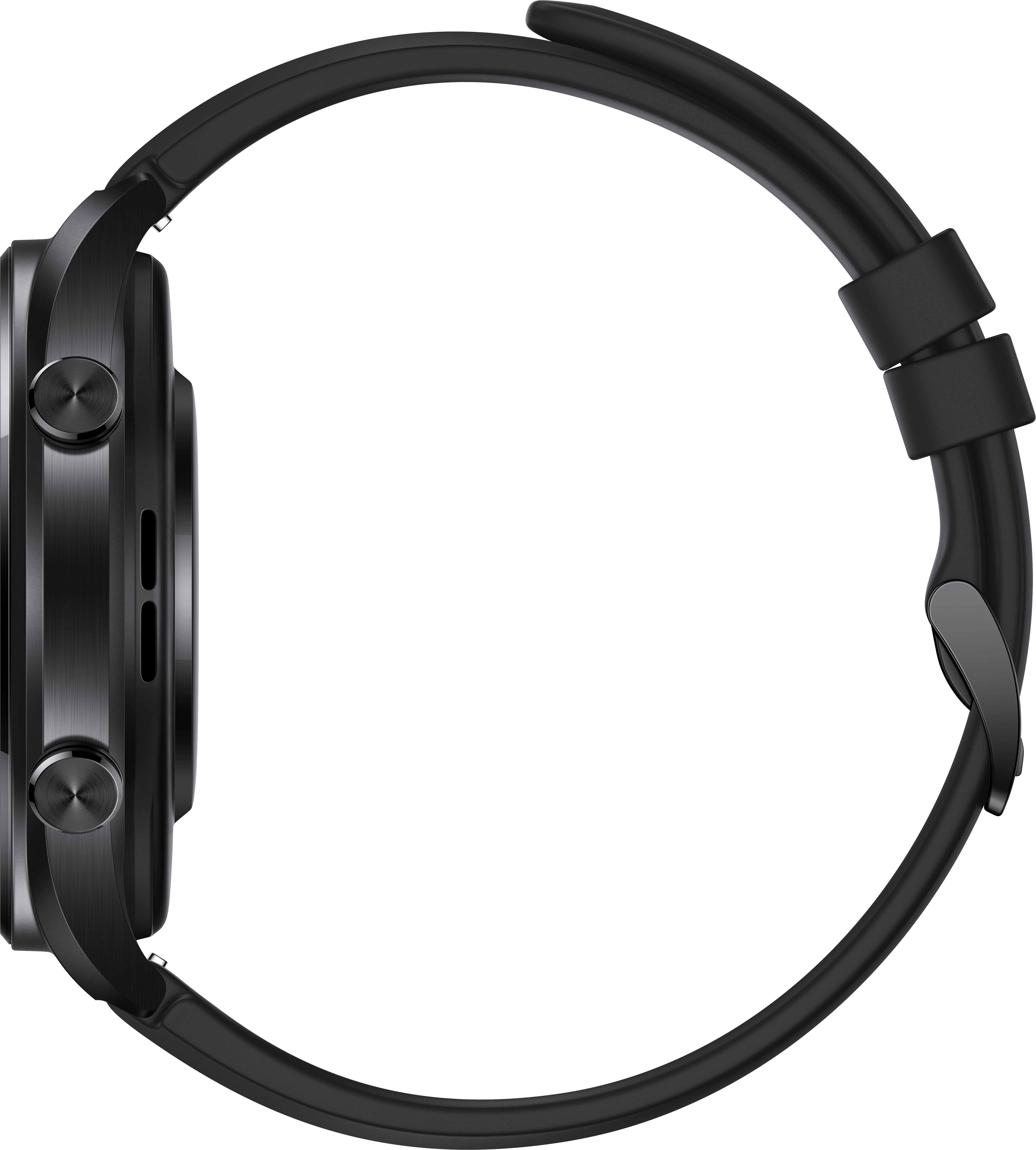 Schwarze Smartwatch mit schwarzem Armband, Seitenansicht. Zwei Knöpfe auf der linken Seite.