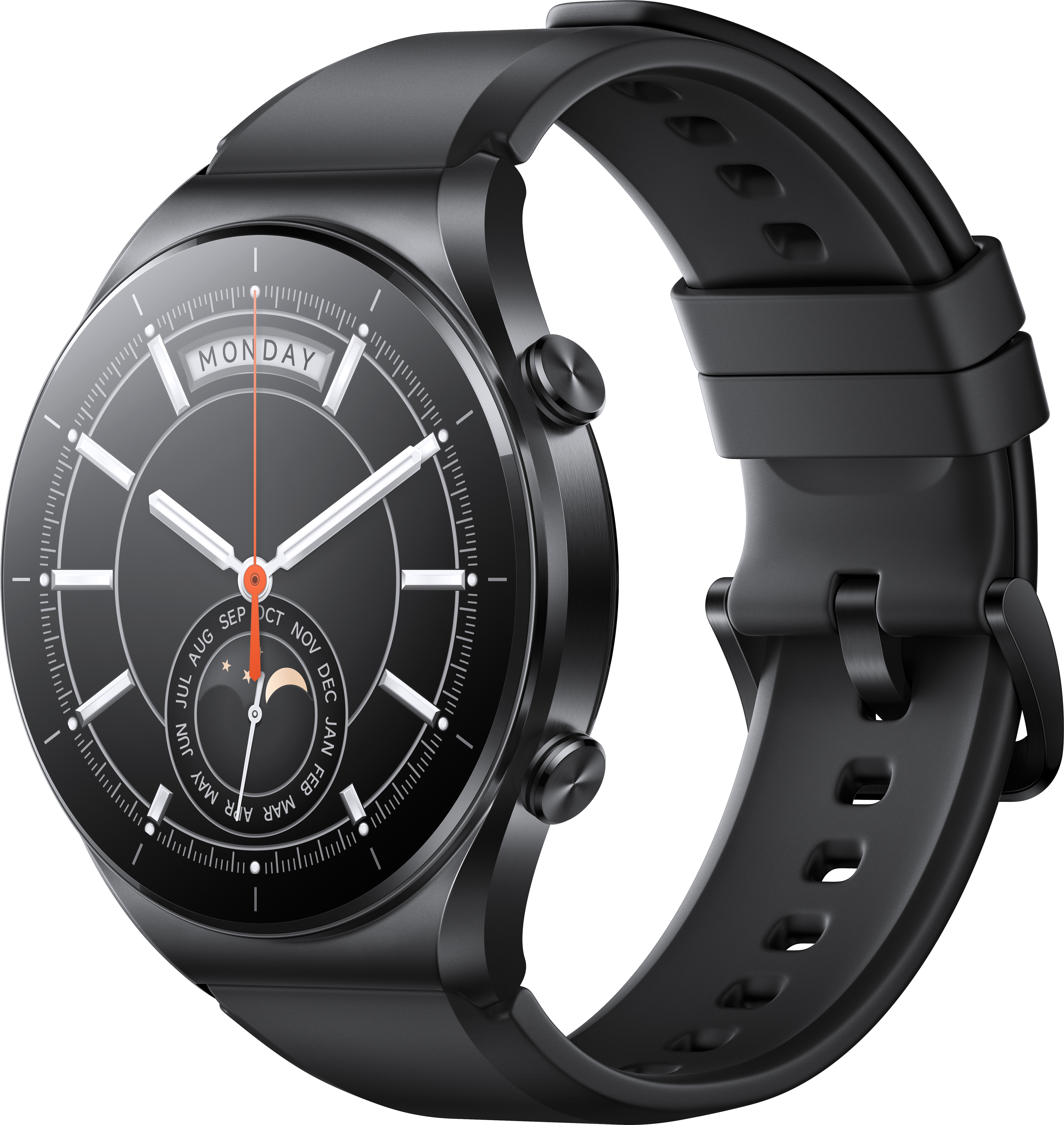 Schwarze Smartwatch mit rundem Display und schwarzem Armband.