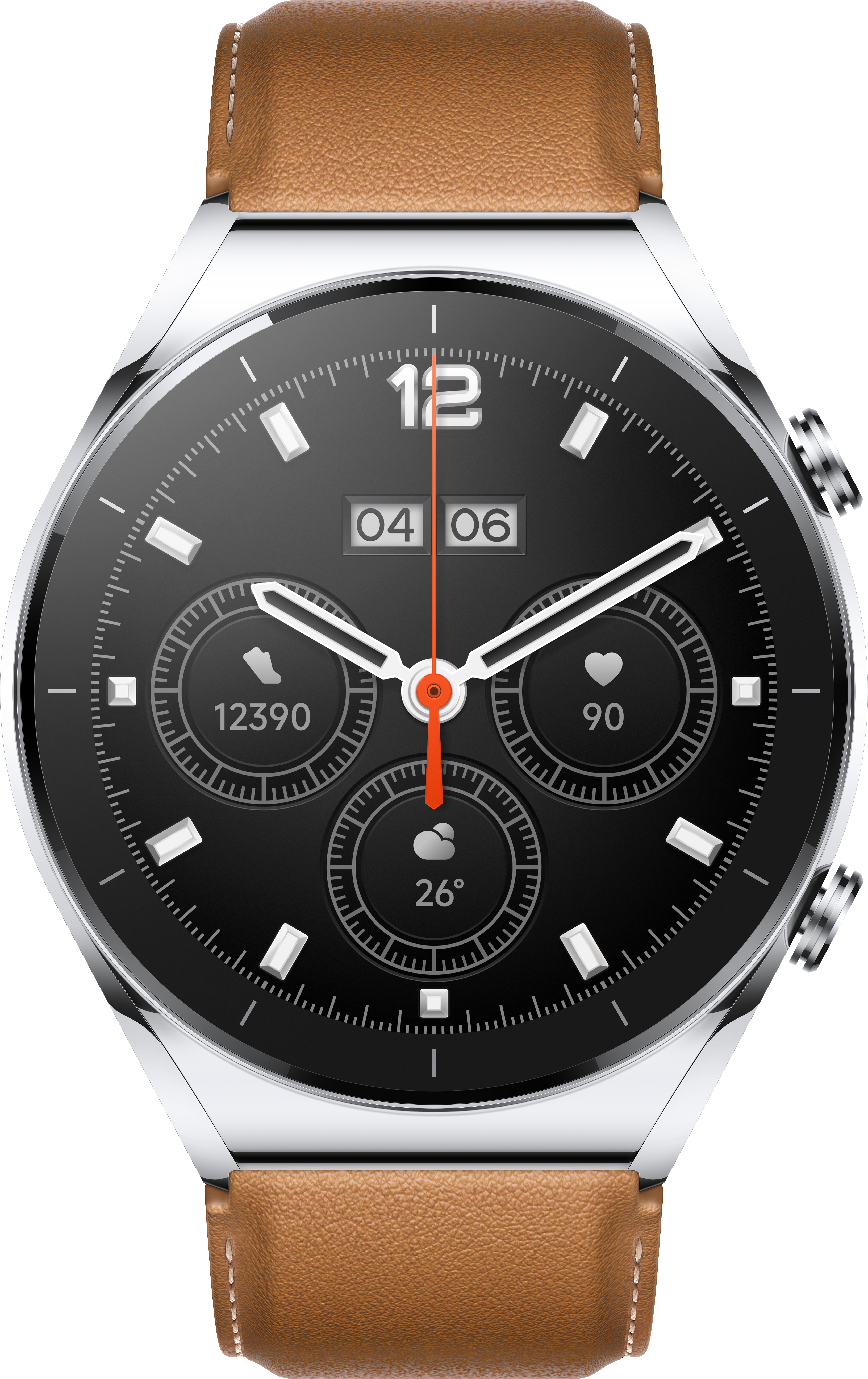 Nahaufnahme einer Smartwatch mit schwarzem Zifferblatt, die Zeit und Gesundheitsmetriken auf einem braunen Lederarmband anzeigt.