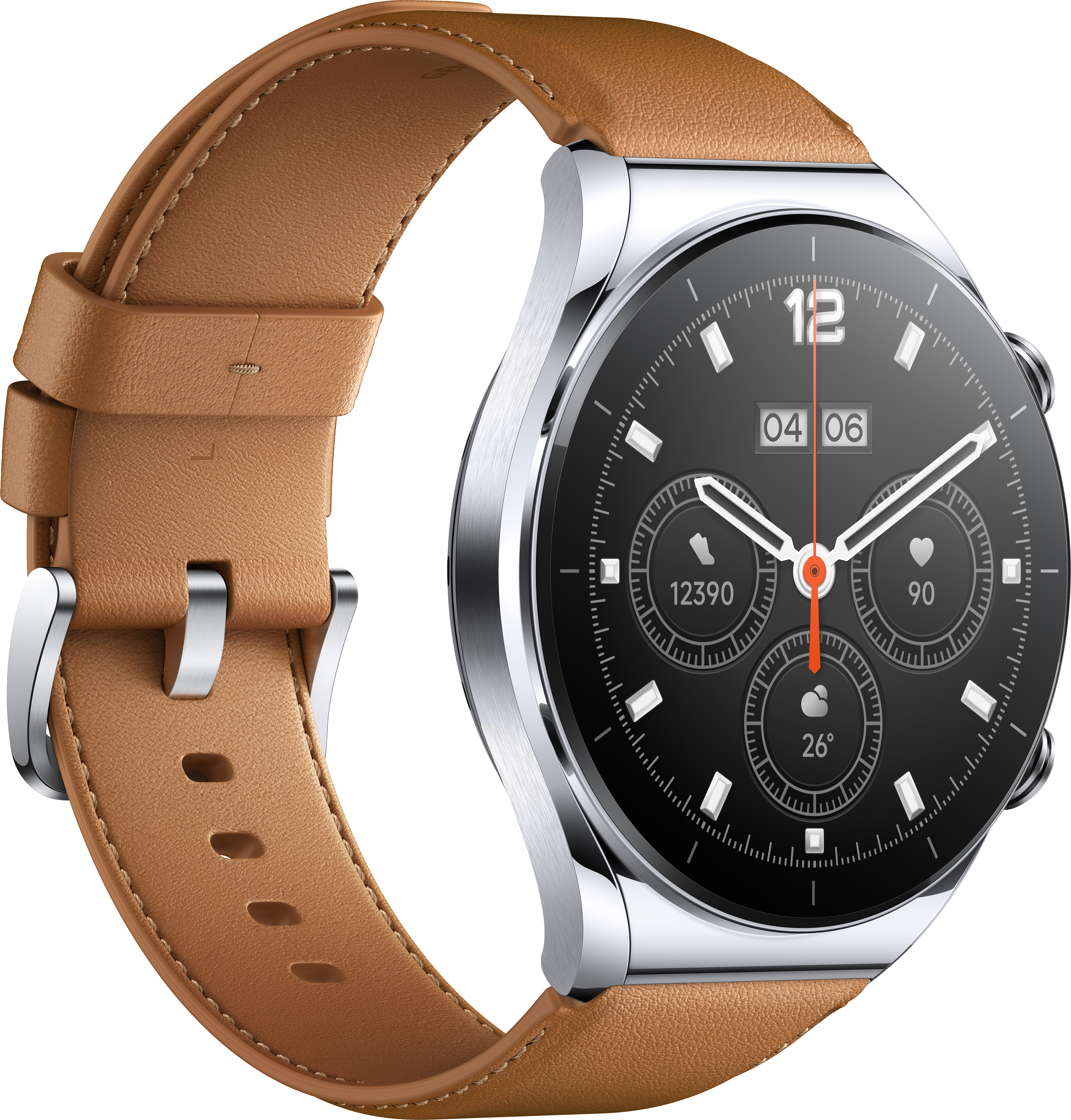 Smartwatch mit braunem Lederarmband und schwarzem Bildschirm mit Informationen.