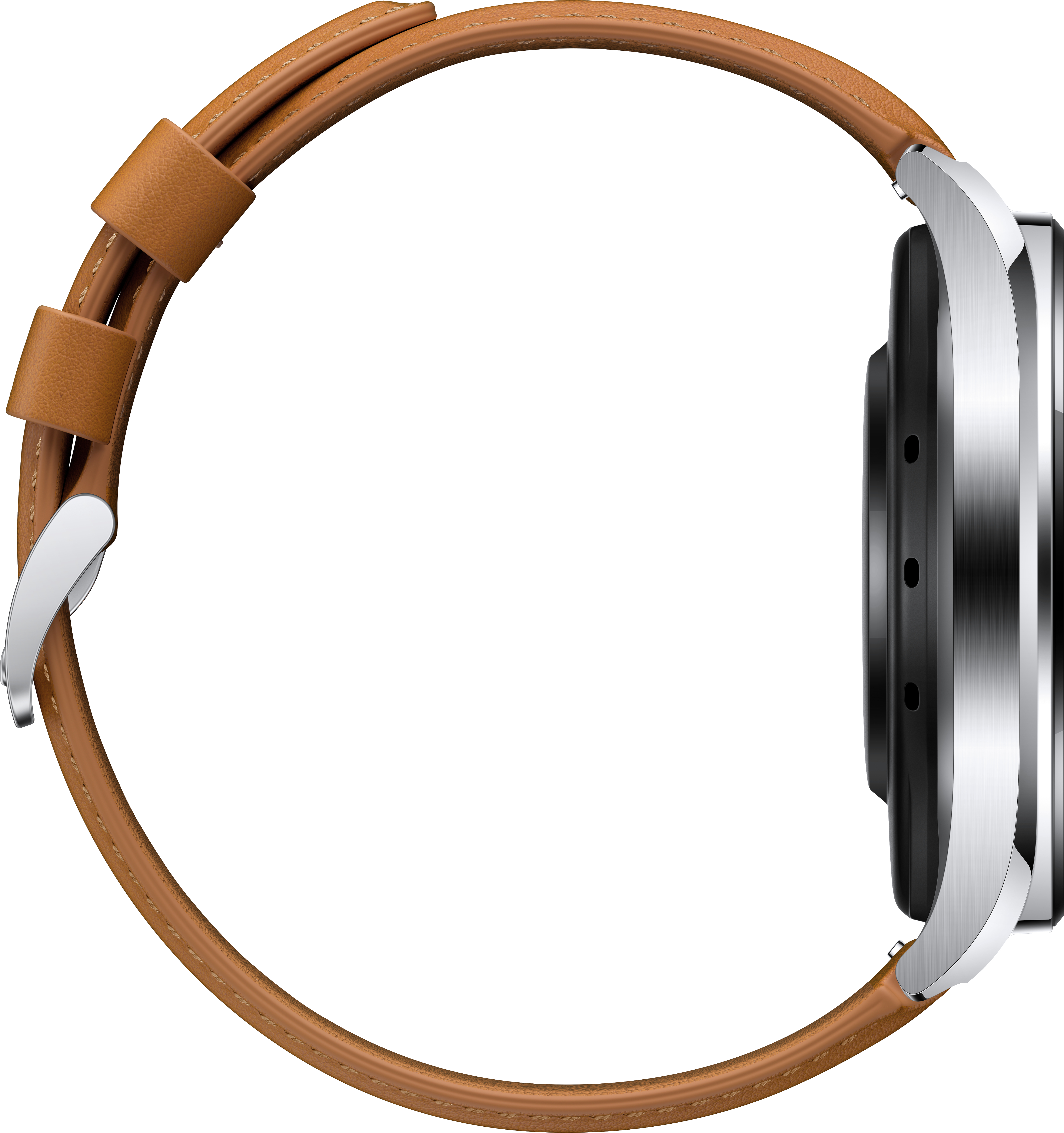 Seitenansicht einer Smartwatch mit braunem Lederarmband.