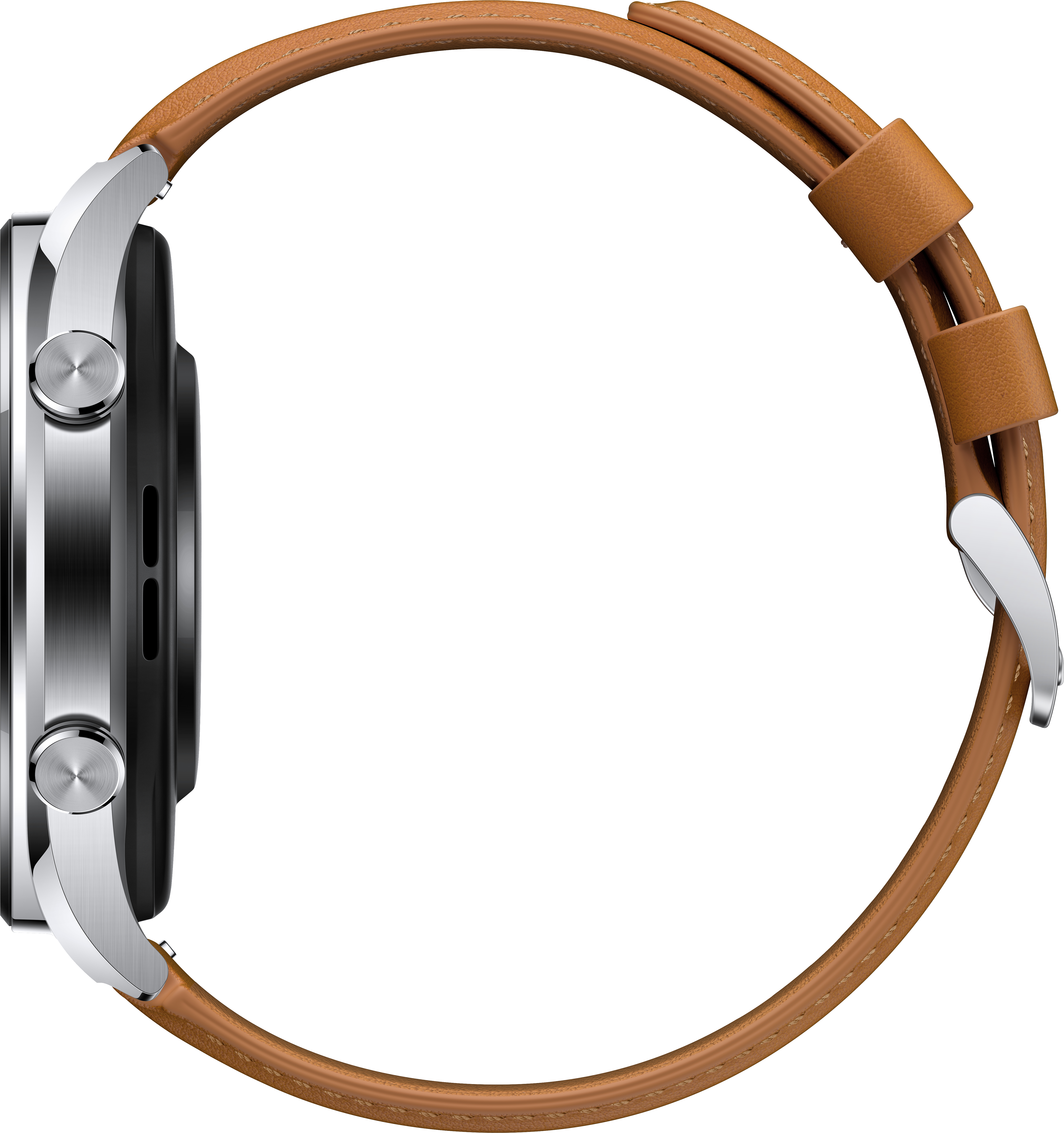 Silberne Smartwatch mit braunem Lederarmband, Seitenansicht. Das Armband ist befestigt.