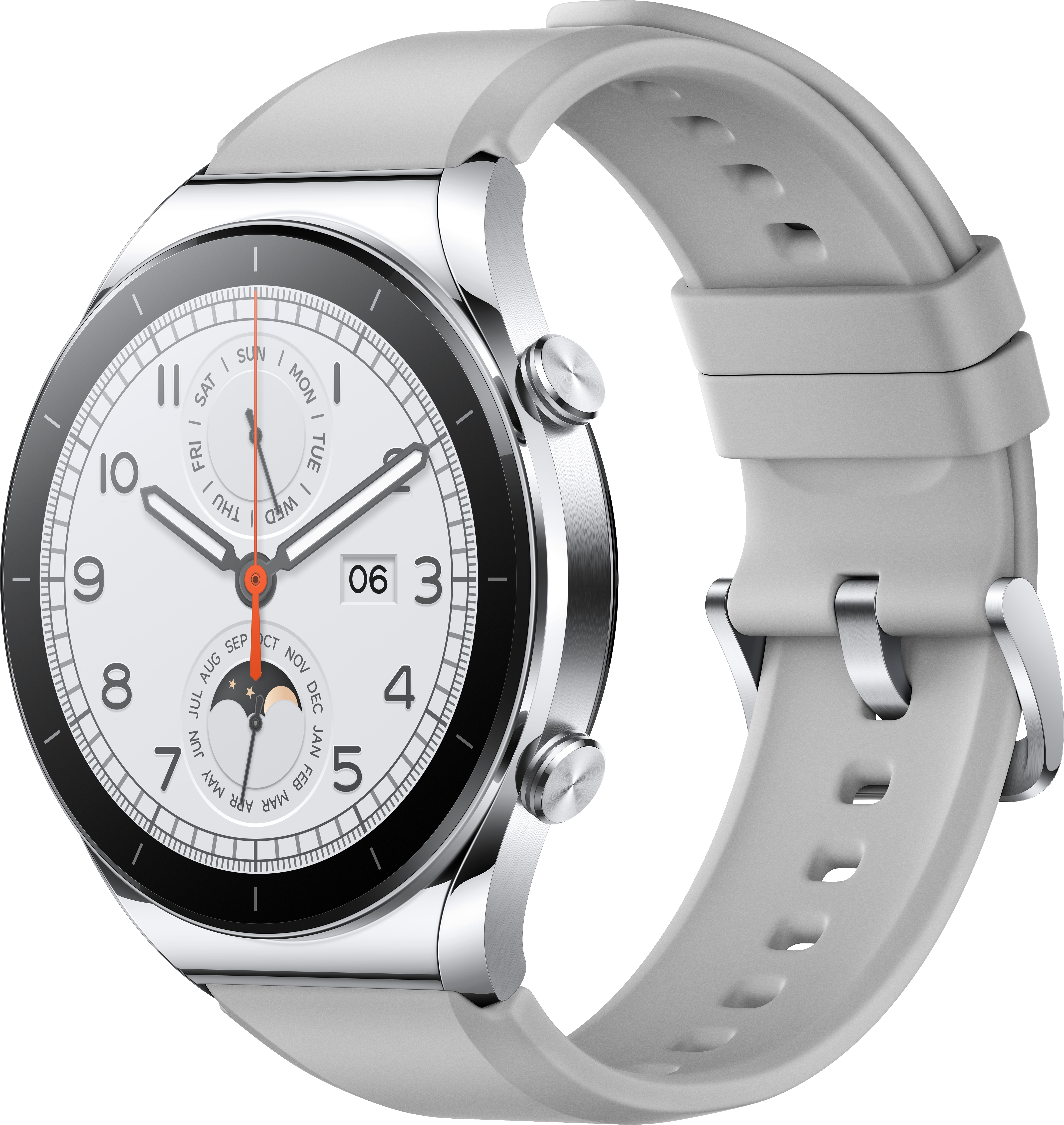 Silberne Smartwatch mit weißem Band, die Zeit und Datum auf dem Display anzeigt.