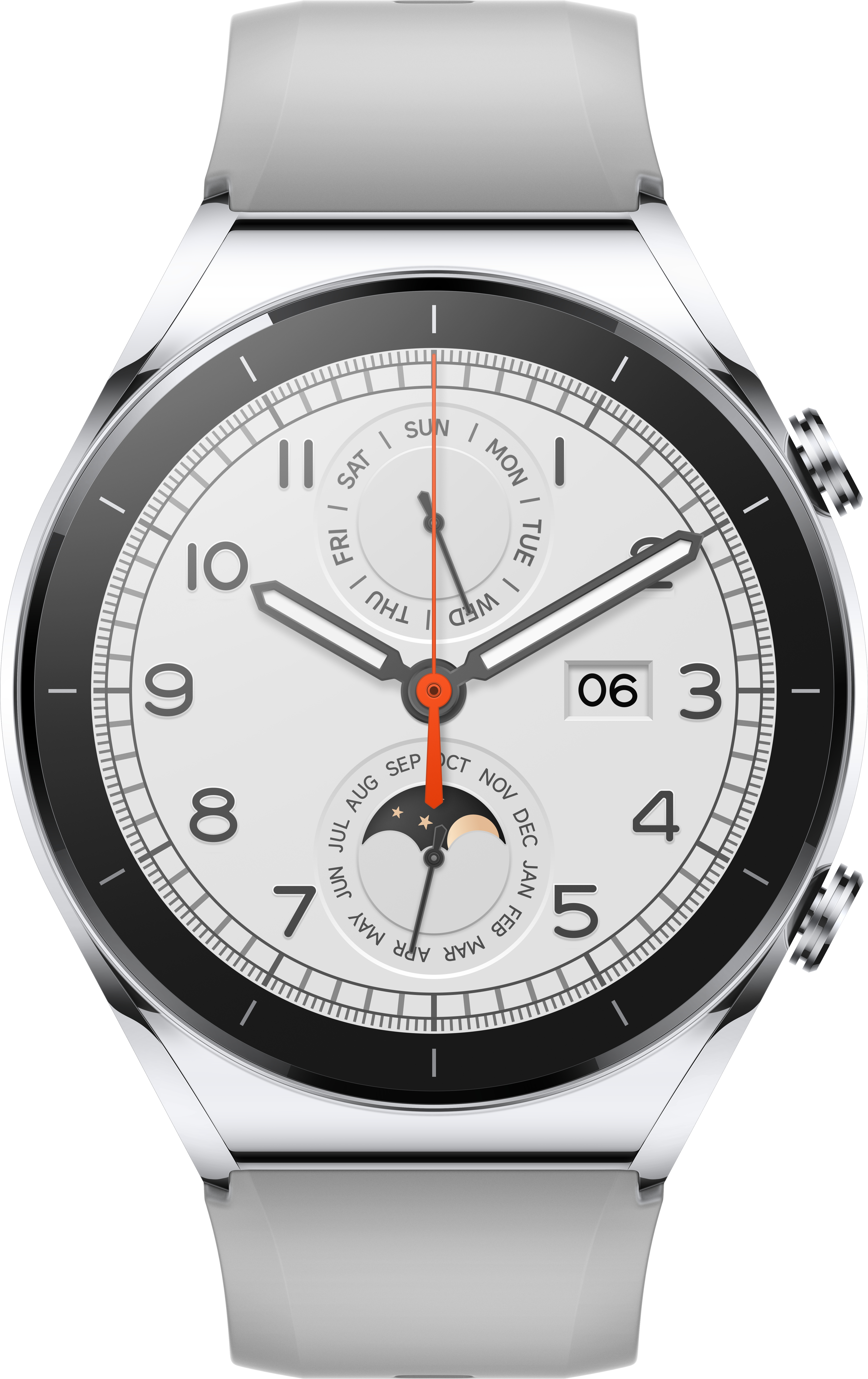 Silberne Smartwatch. Das Zifferblatt zeigt den Tag und das Datum.