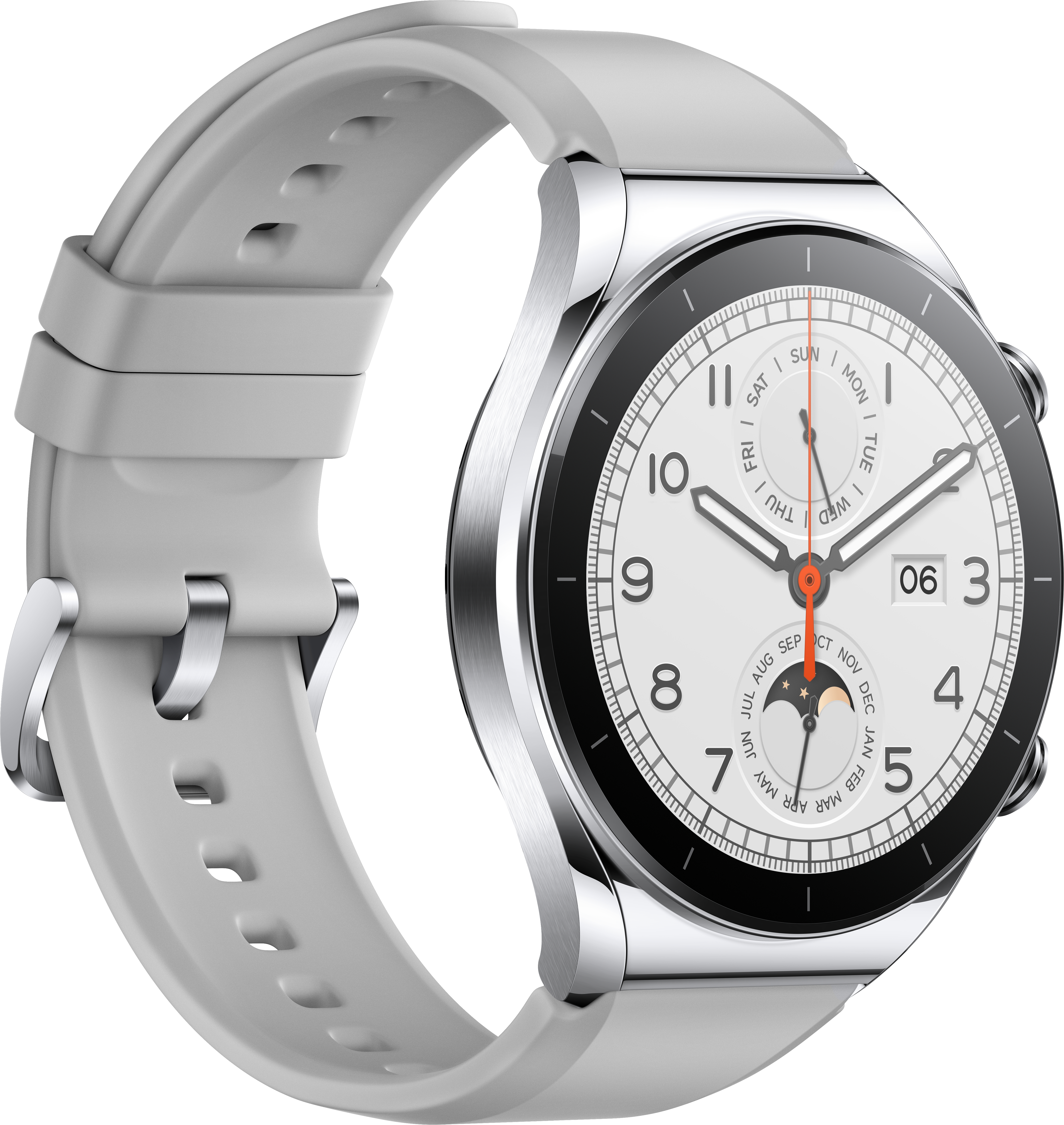 Graue Smartwatch mit weißem Zifferblatt und grauem Armband, aus einem Winkel betrachtet.