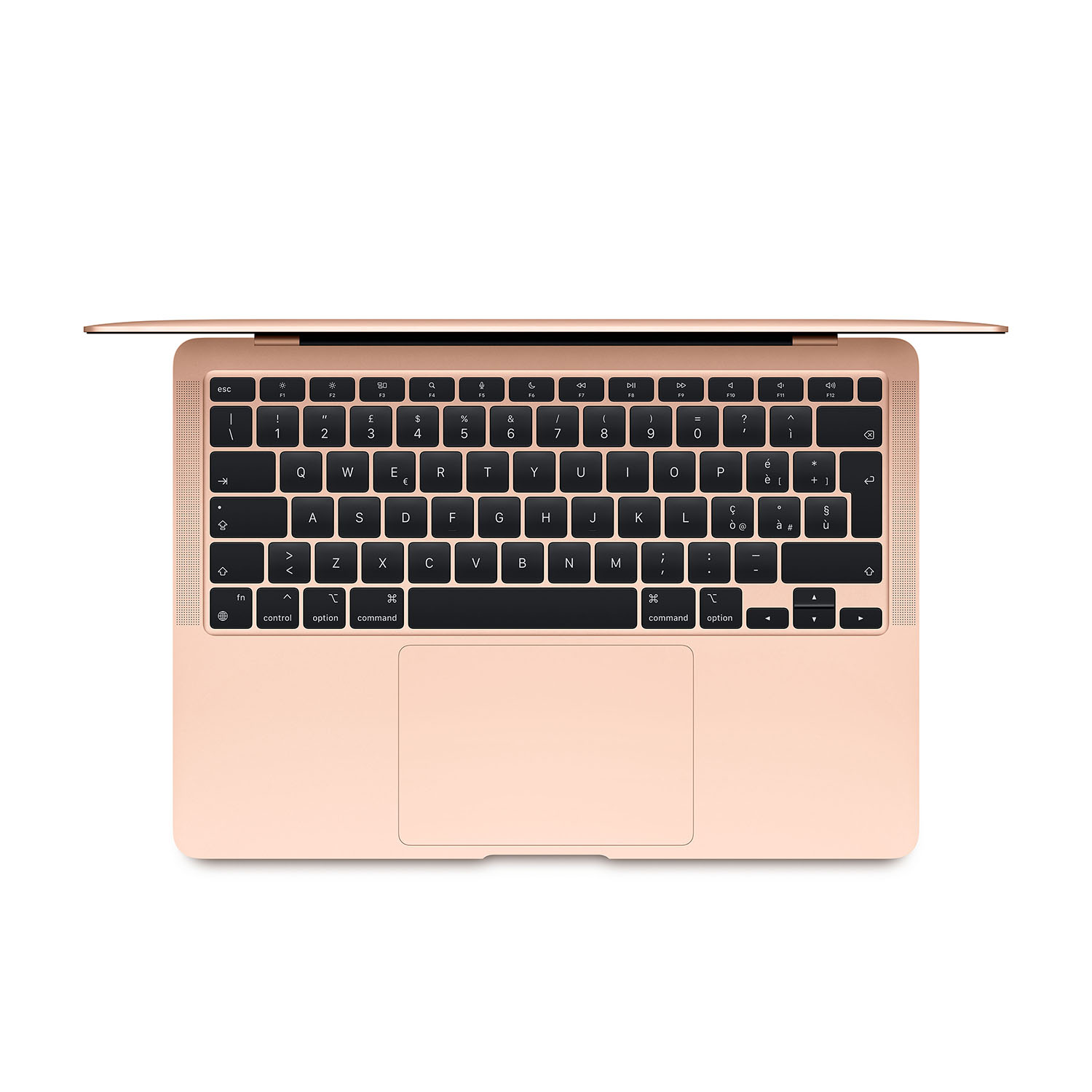 Tastiera di un laptop con tasti neri e cornice chiara, aperta su una superficie bianca.