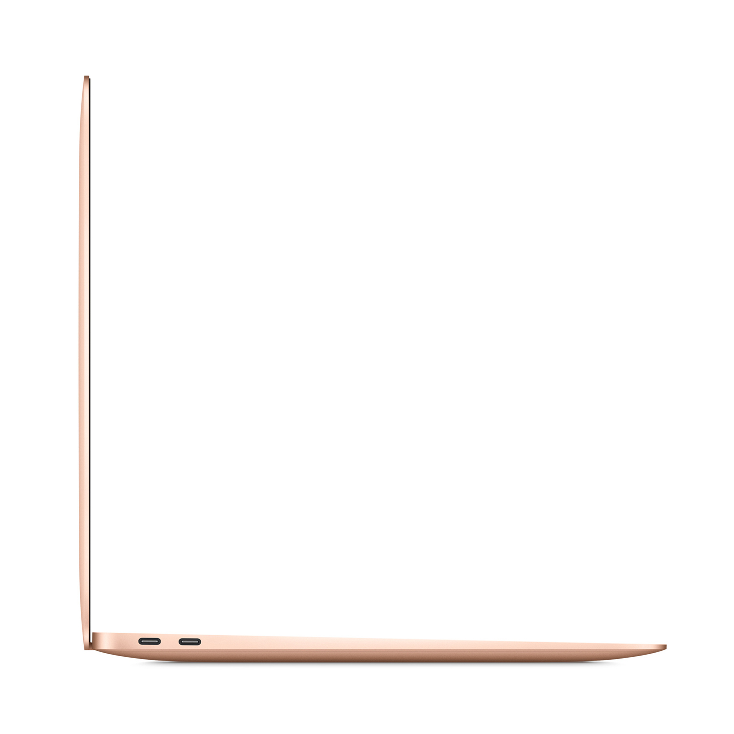 La vista laterale di un laptop dorato su sfondo bianco. Il laptop è chiuso.