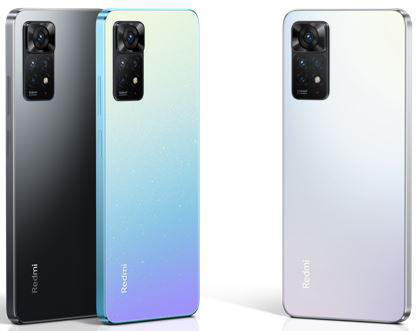 Drei Smartphones: schwarz, blau-verlaufend und weiß, alle mit Kameras.