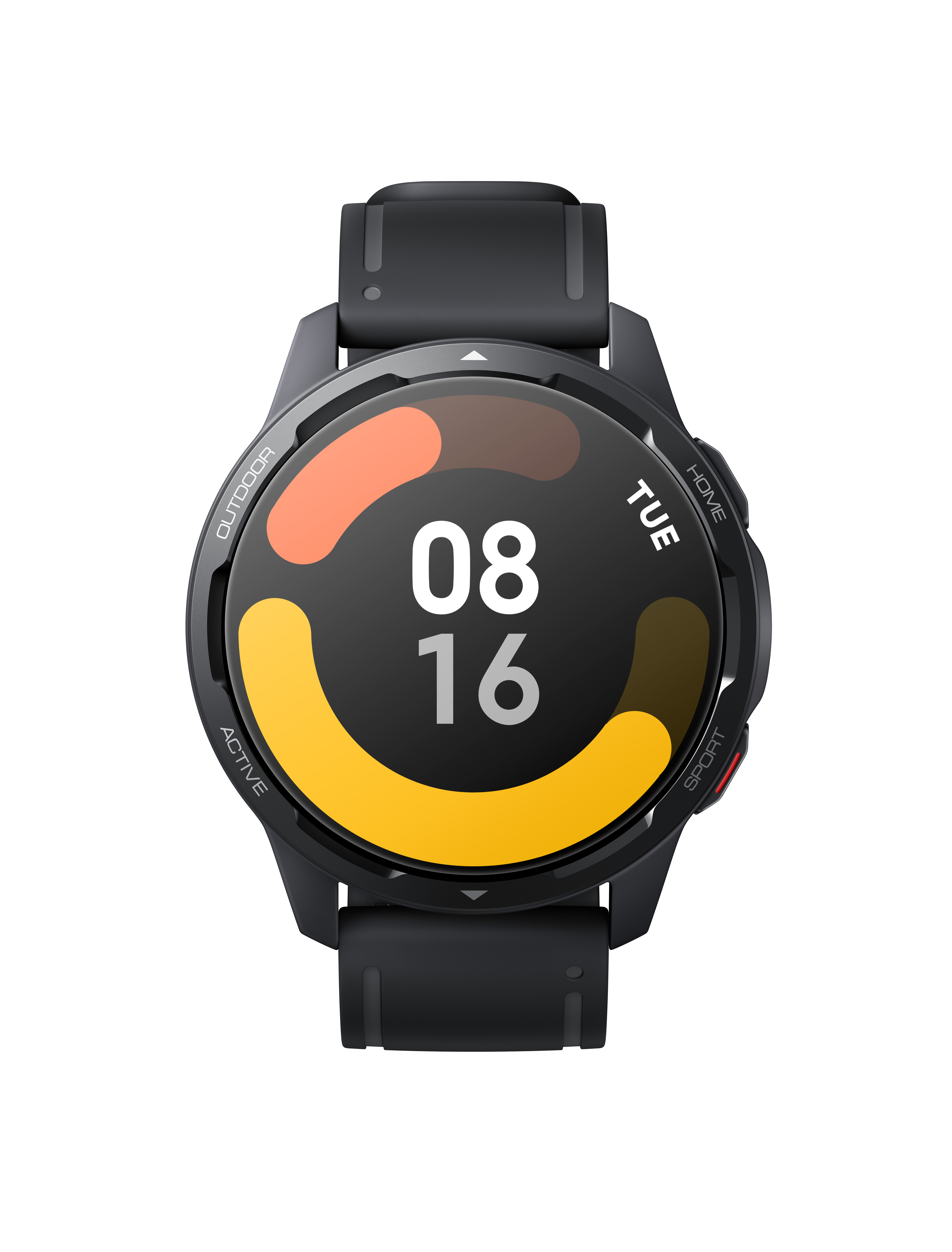 Schwarze Smartwatch mit rundem Display. Orange, gelbe und braune Farben auf dem Bildschirm. Schwarzes Armband.