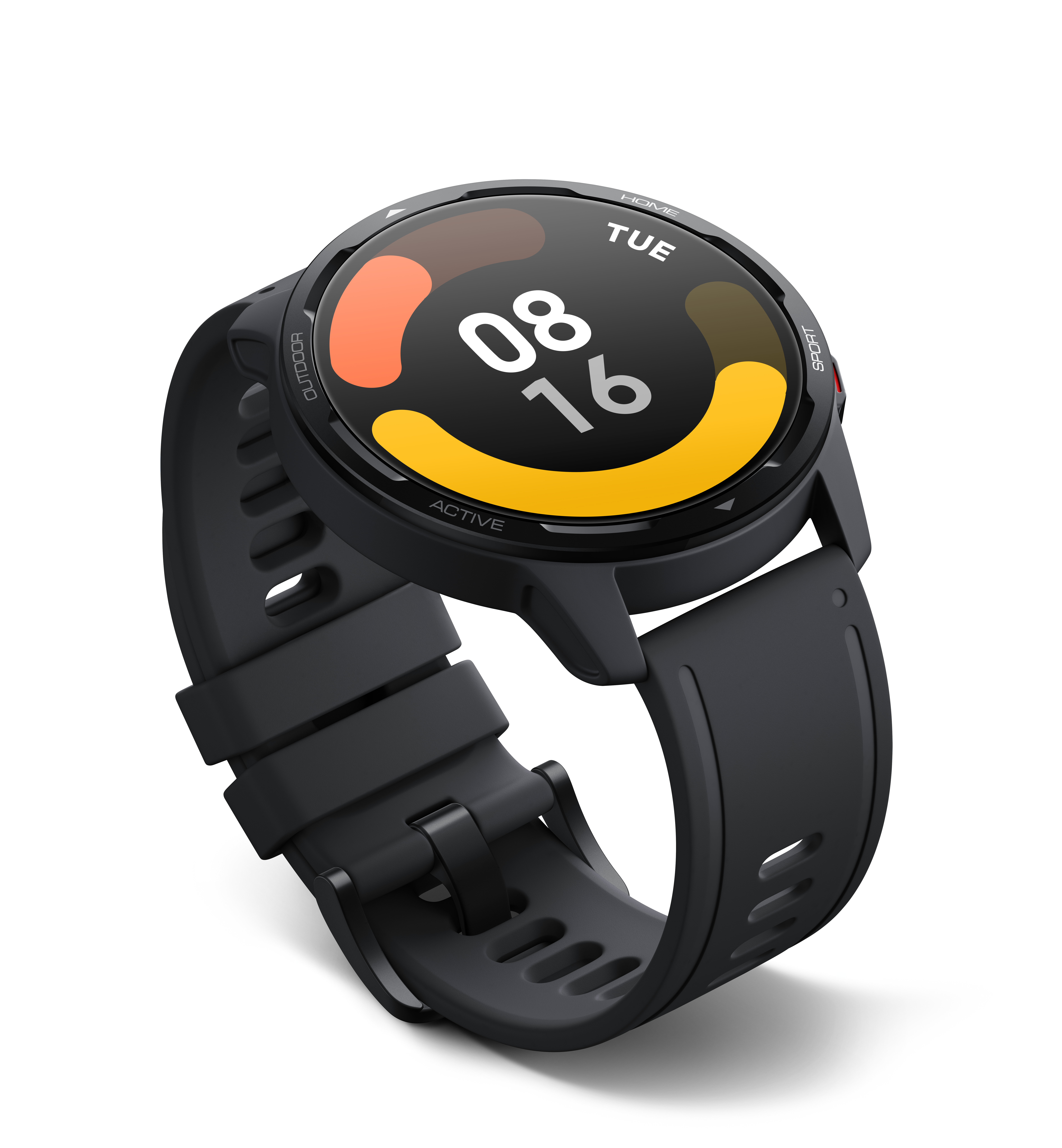 Schwarze Smartwatch mit rundem Zifferblatt, das Zeit und Datum anzeigt.