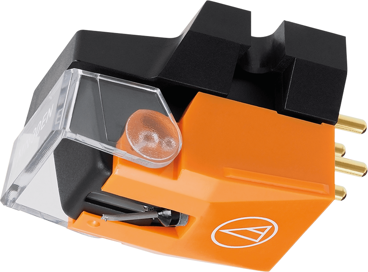Gros plan d'une cartouche Audio-Technica orange et noire pour une platine disque.
