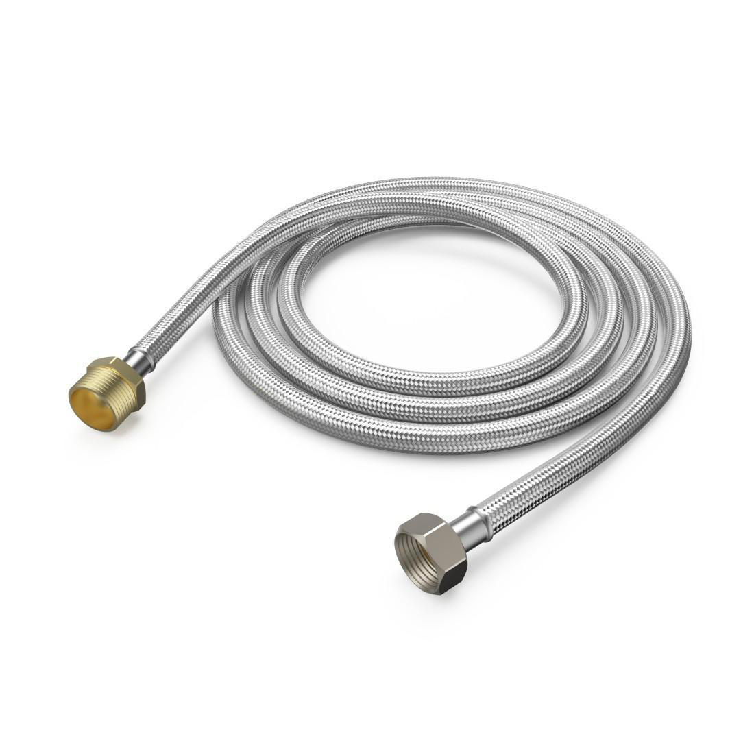 Flexibler Silberschlauch mit Messing- und Metallarmaturen, auf weißer Oberfläche gerollt.