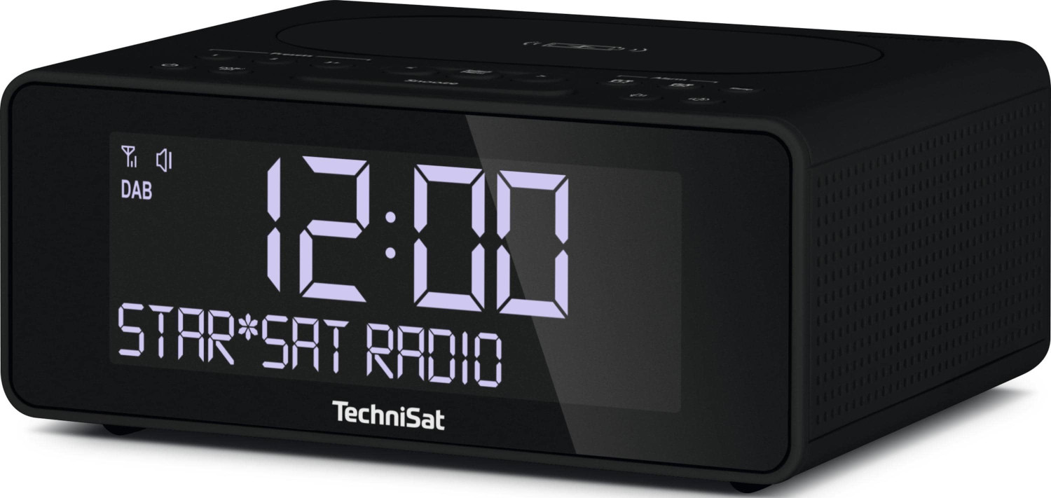 Zwarte TechniSat digitale radio wekker, met de tijd, radiostation en DAB-signaal.