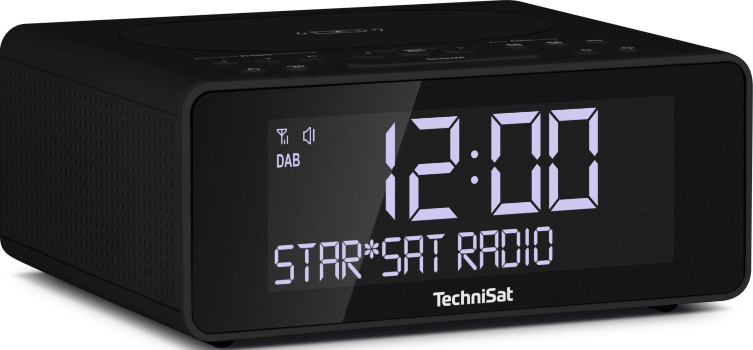 Zwarte digitale wekker met een groot wit display met 12:00 en de merknaam.
