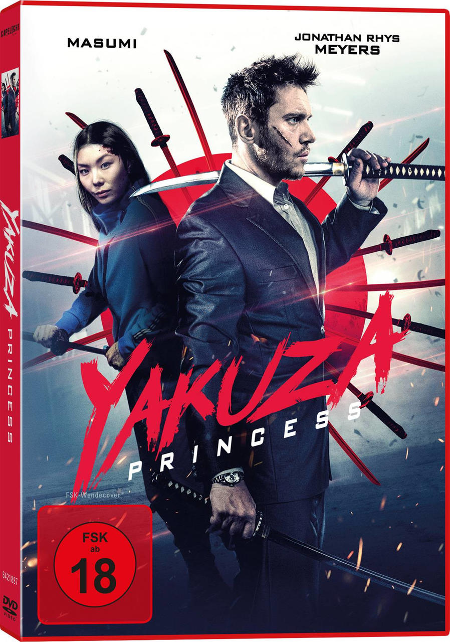 Filmposter von Yakuza Princess. Zwei Personen, eine mit Schwertern, stehen mit dunklem Hintergrund und rotem '18'-Logo.