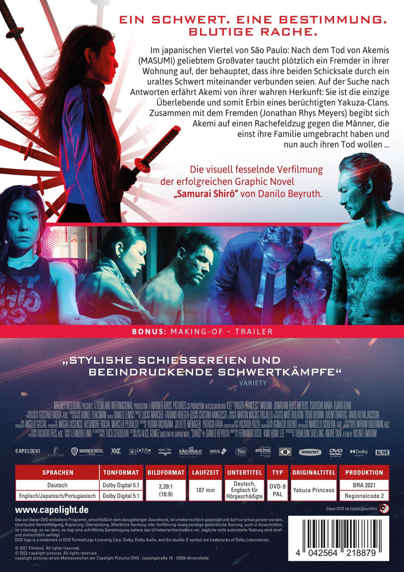 DVD-Cover für einen Film mit einer Frau, die ein Schwert hält, und einem Mann dahinter.