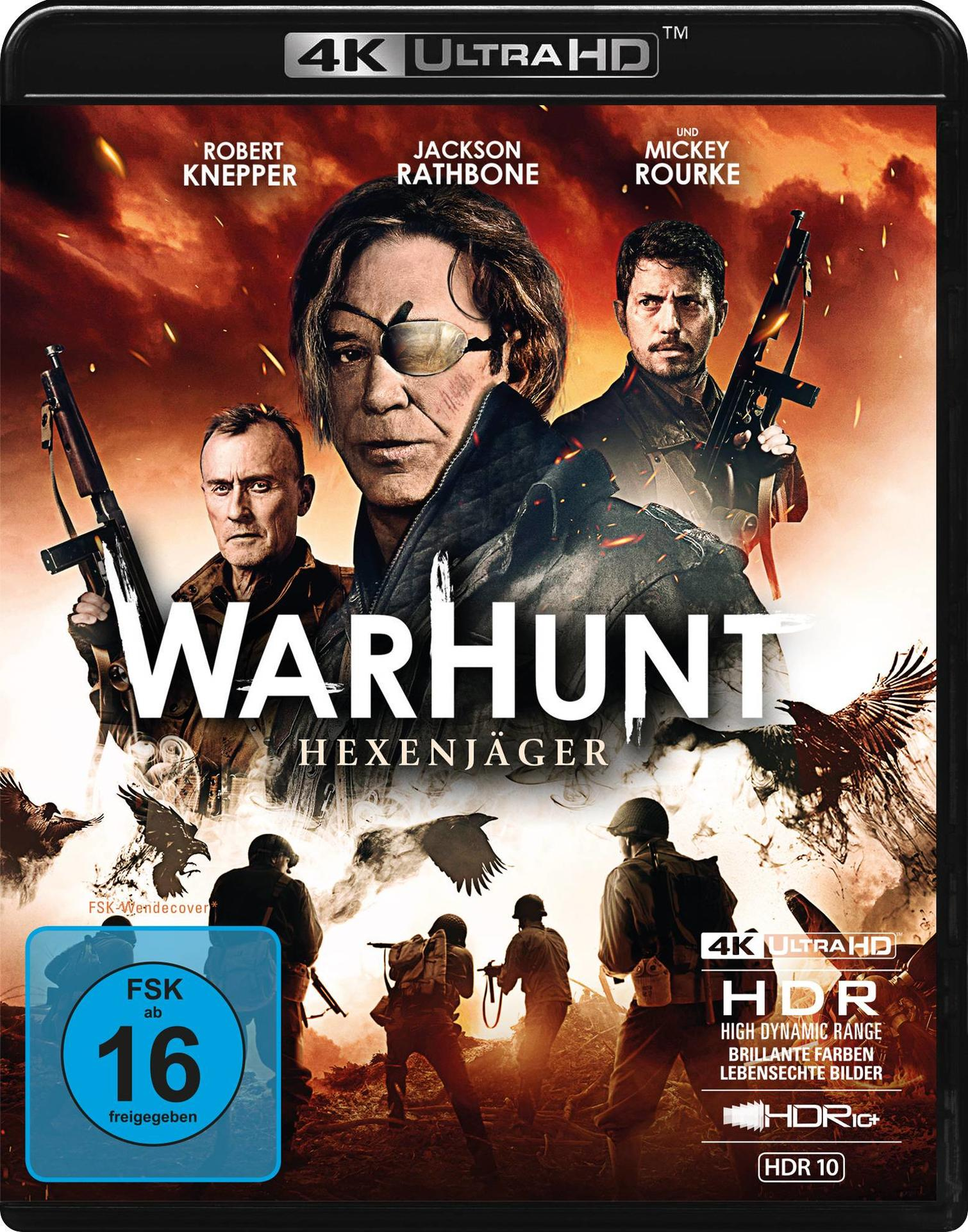 4K Ultra HD Blu-ray Cover, mit Charakteren und Text 'Warhunt Hexenjäger'.