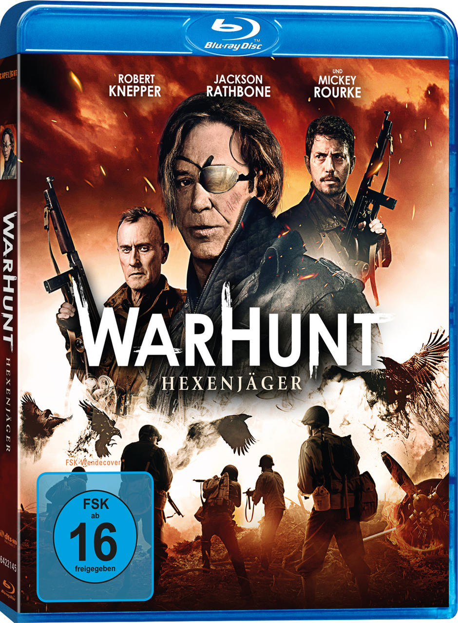 DVD-Cover von 'Warhunt'. Ein Mann mit Augenklappe steht im Zentrum mit Waffen und Soldaten im Wald.