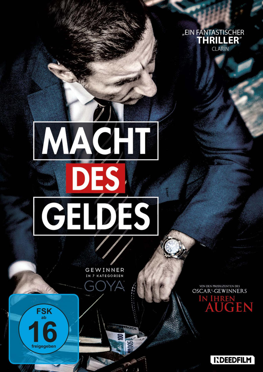 DVD-Cover: Ein Mann im Anzug hält eine Tasche mit Geld. Titel: Macht des Geldes.